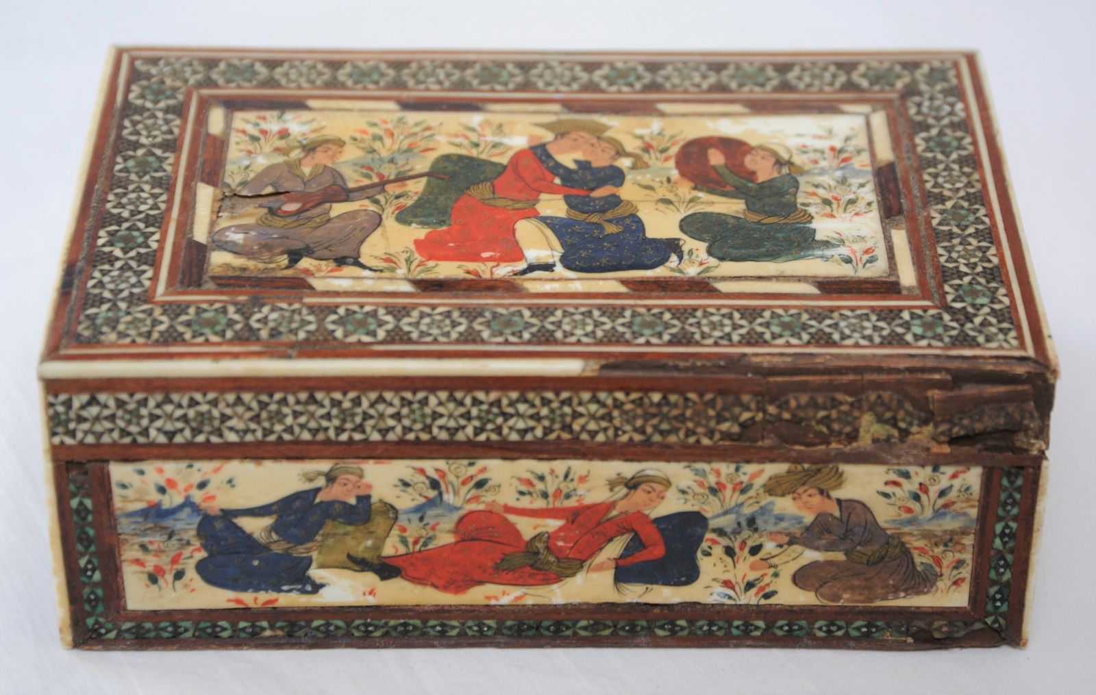 photo furniture Antique Islamic Wooden Khatam Box With Safavid Style Miniature Paintings