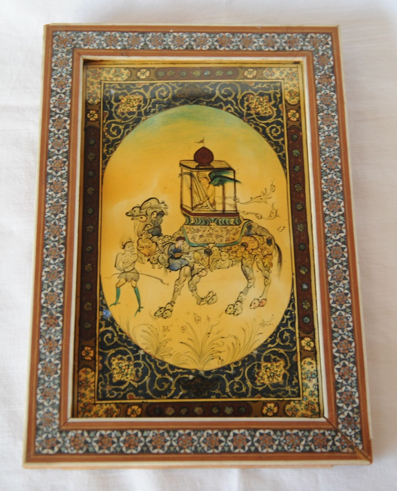 Vintage Islamic Composite Painting By Ahmad Omoumi In Khatam Frame