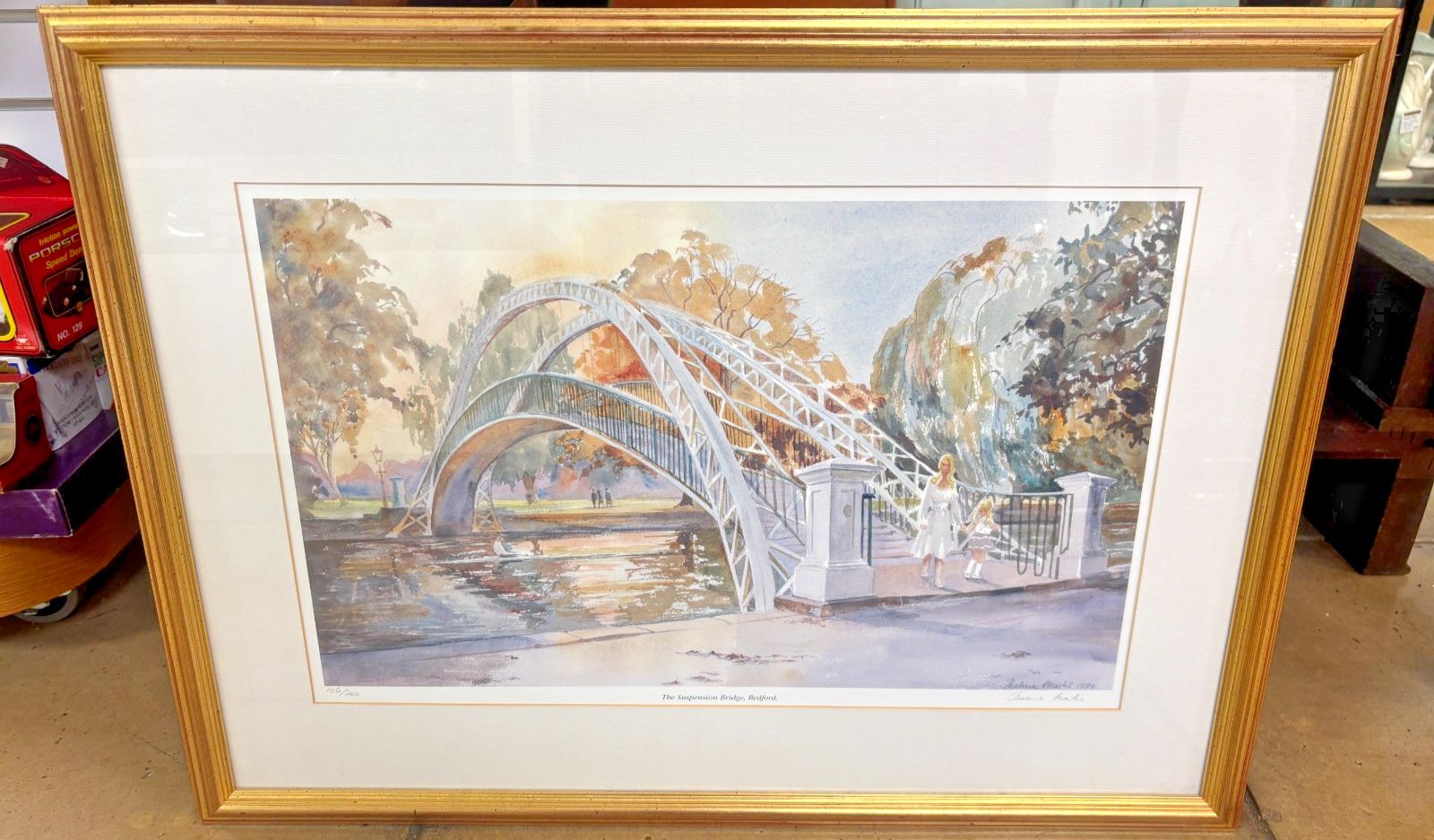 Framed Watercolour Print Of The Suspension Bridge, Bedford By Thelma Marks 1994