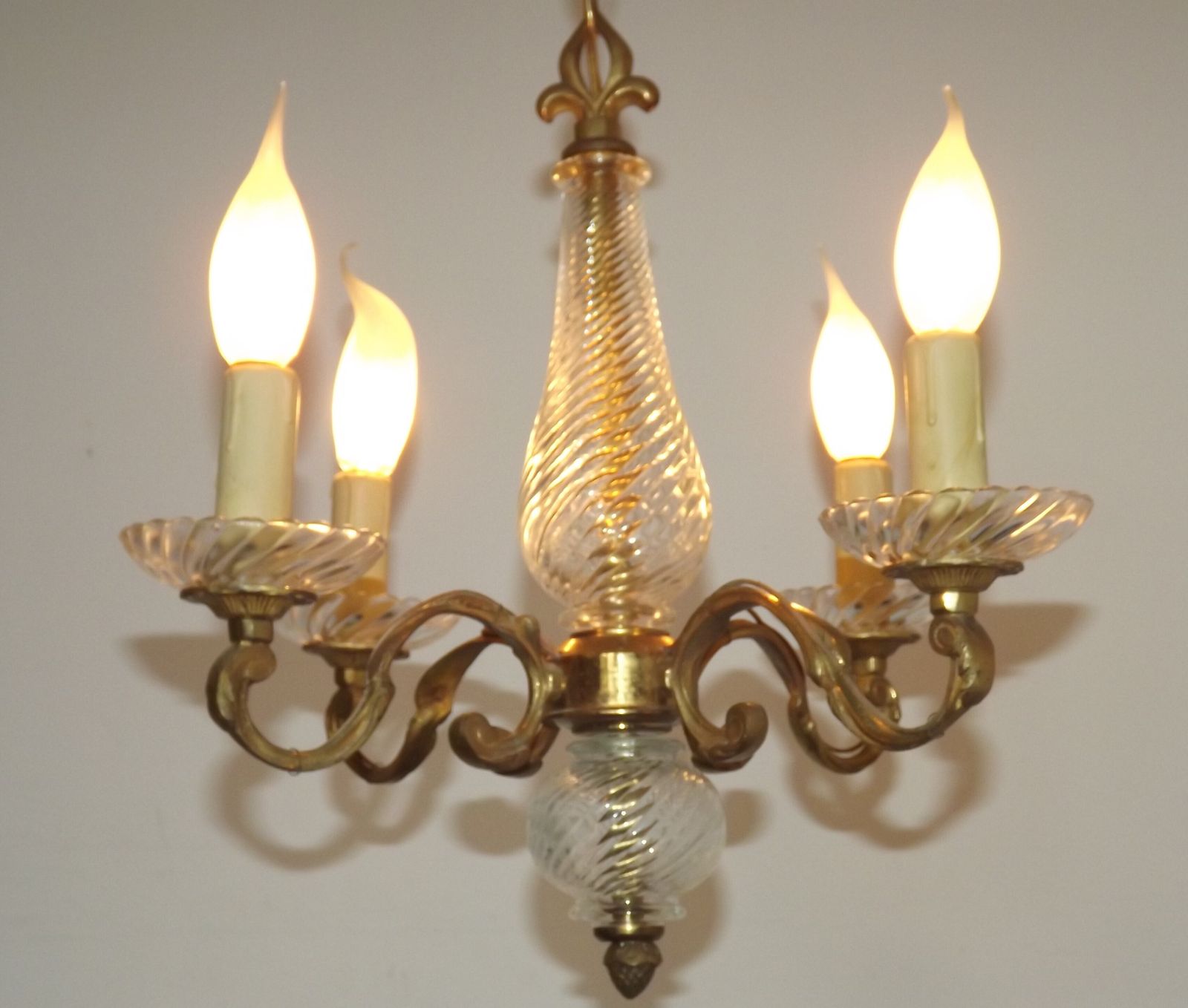 French Mid Century Bronze & Cut Glass 4 Light Chandelier With Fleur De Lys Detail photo vintage