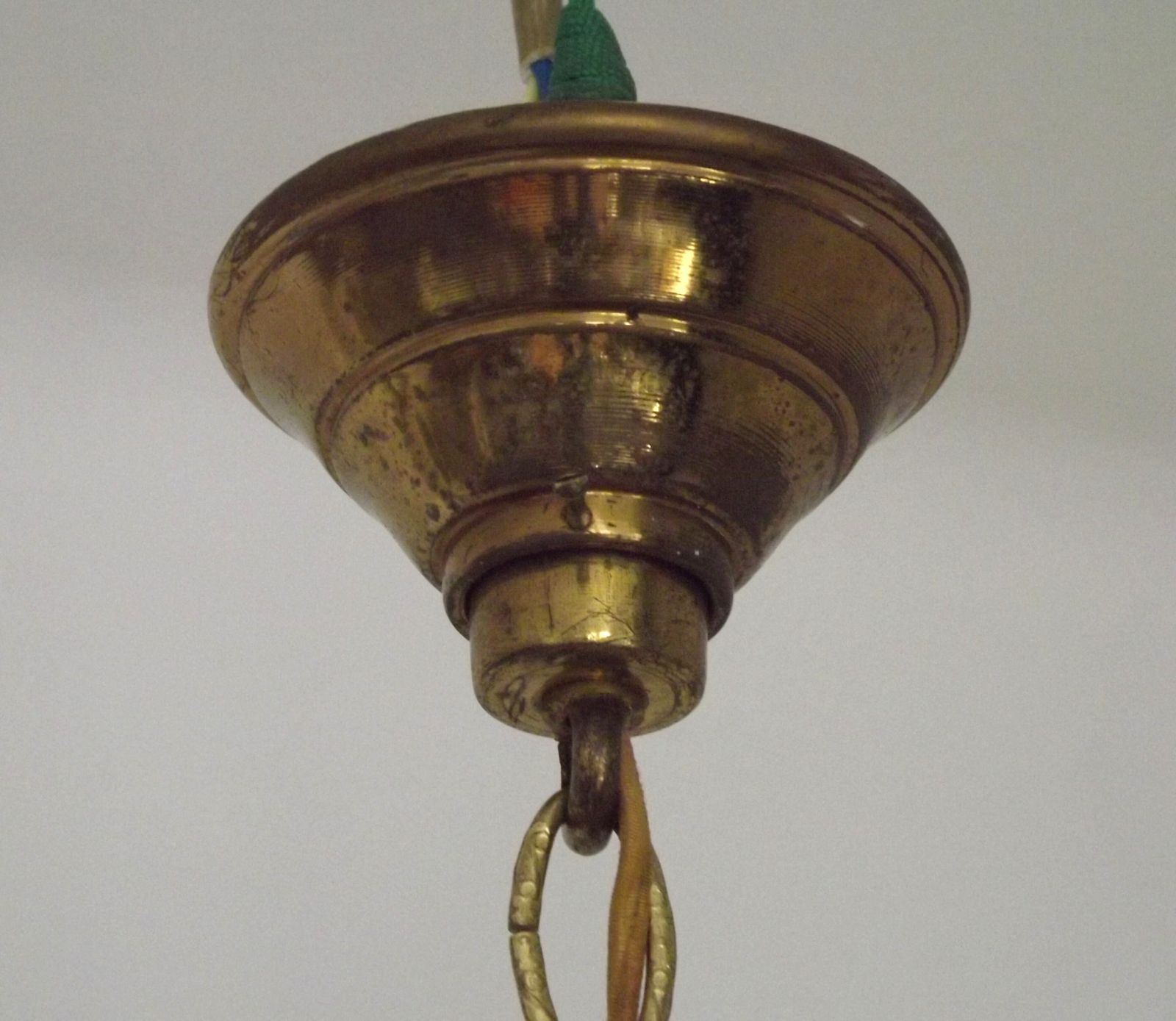 photo vinterior French Mid Century Bronze & Cut Glass 4 Light Chandelier With Fleur De Lys Detail