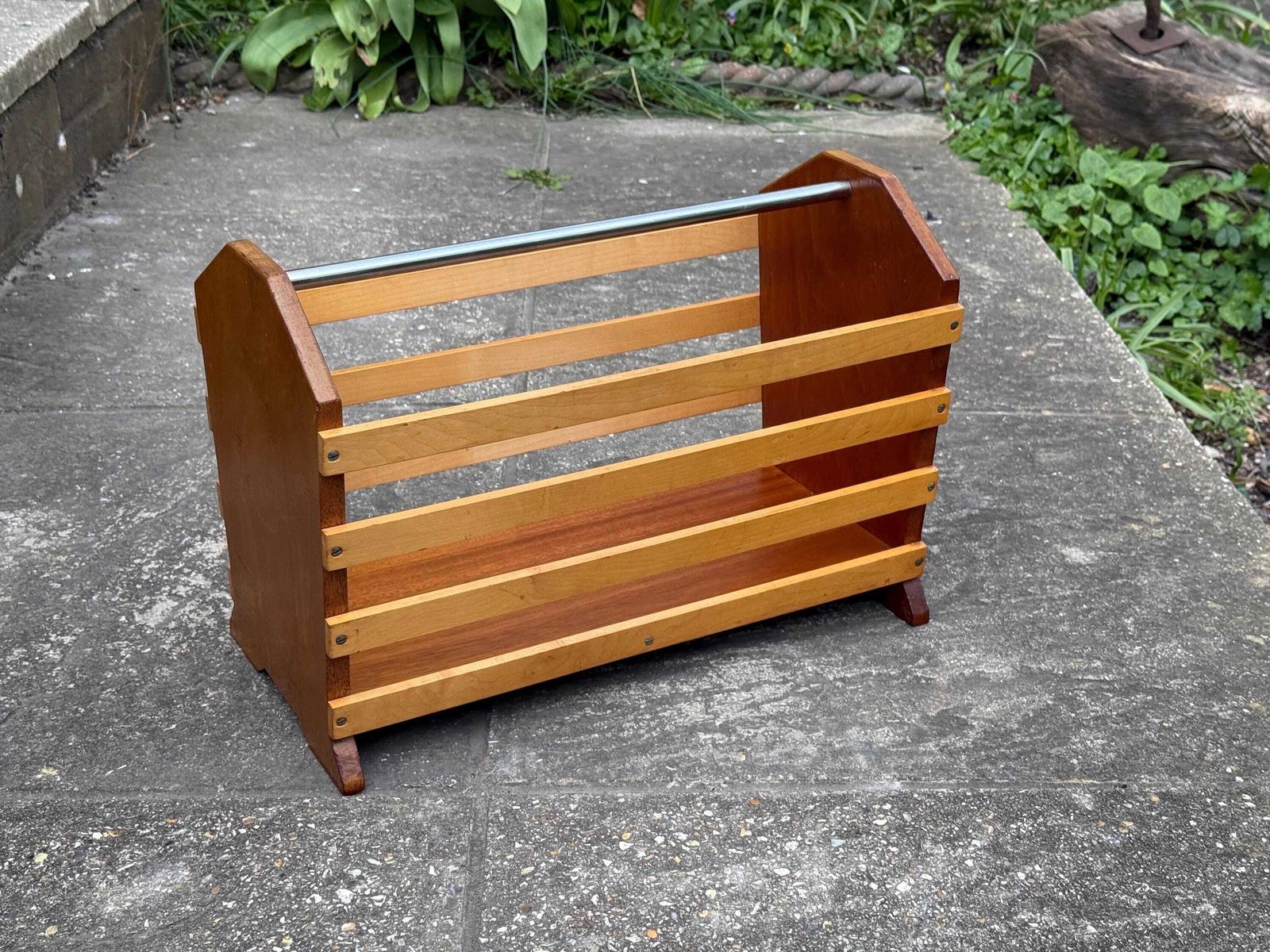 Vintage Slatted Magazine Rack, Mid Century Modern Wood Holder, Mcm Handle Decor photo 125.0
