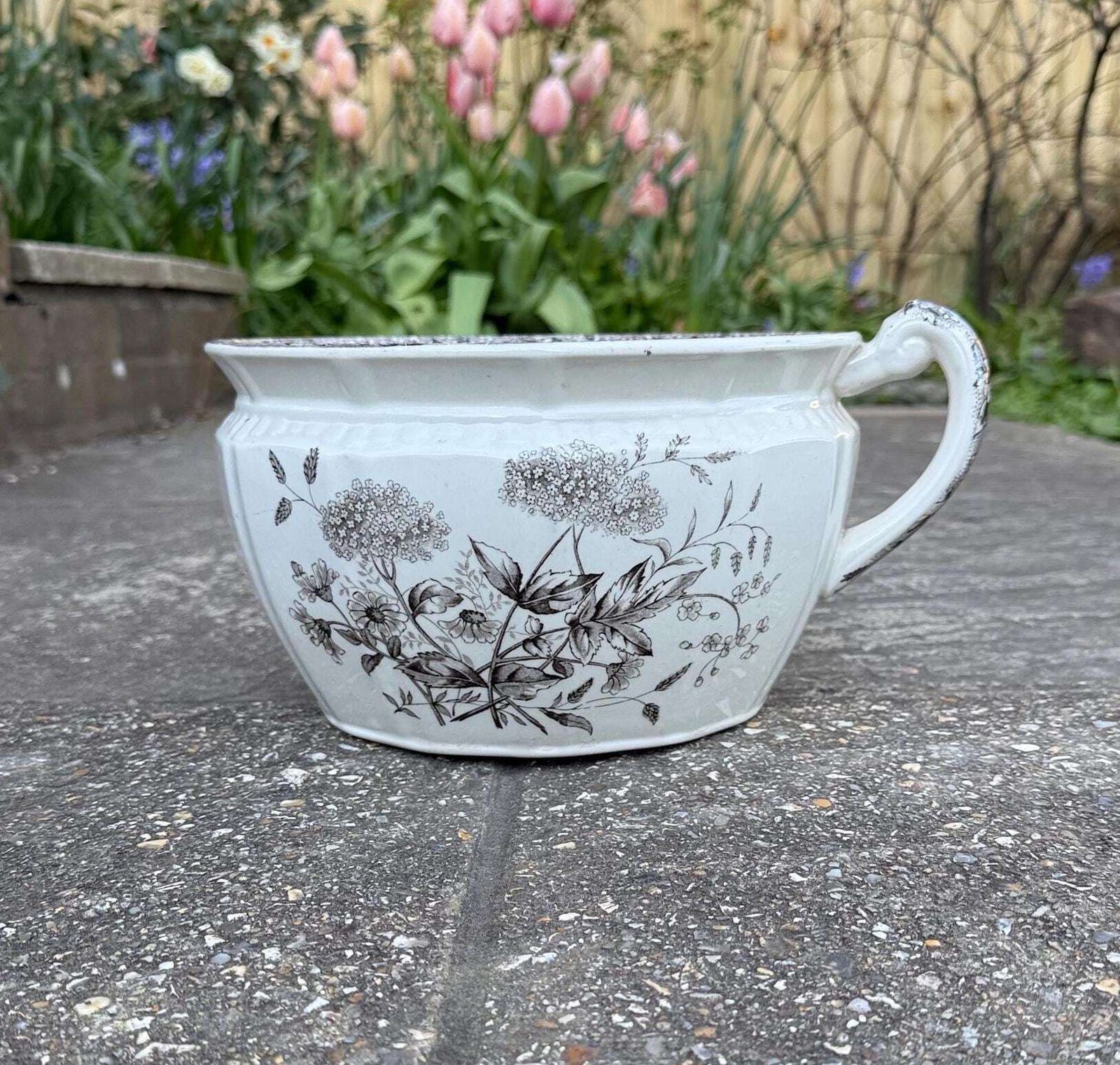 Vintage English Chamber Pot / Planter – K And Co Meadow Sweet Transferware – Black & White Floral Ceramic Jardinière