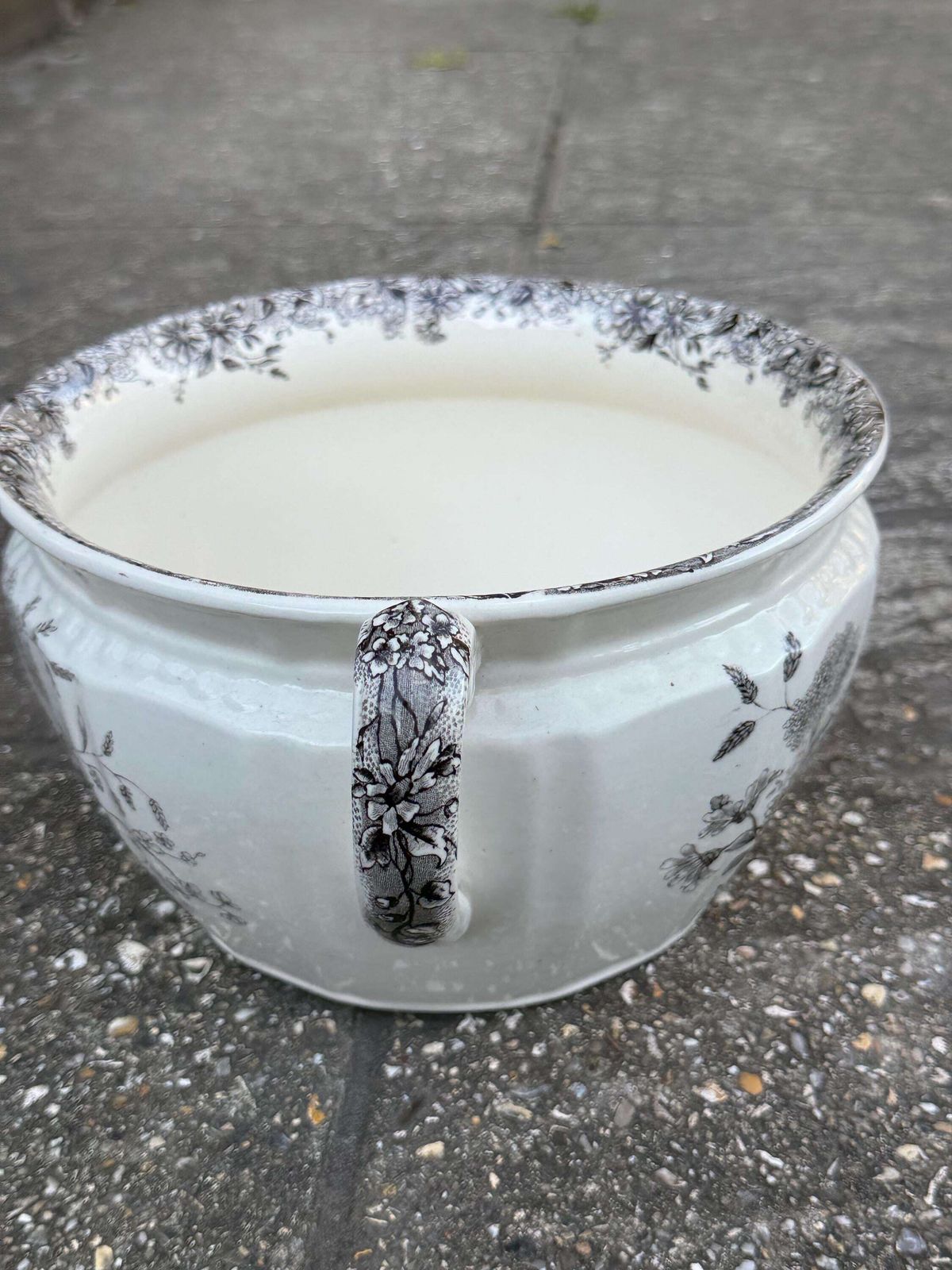 Vintage English Chamber Pot / Planter – K And Co Meadow Sweet Transferware – Black & White Floral Ceramic Jardinière photo buy