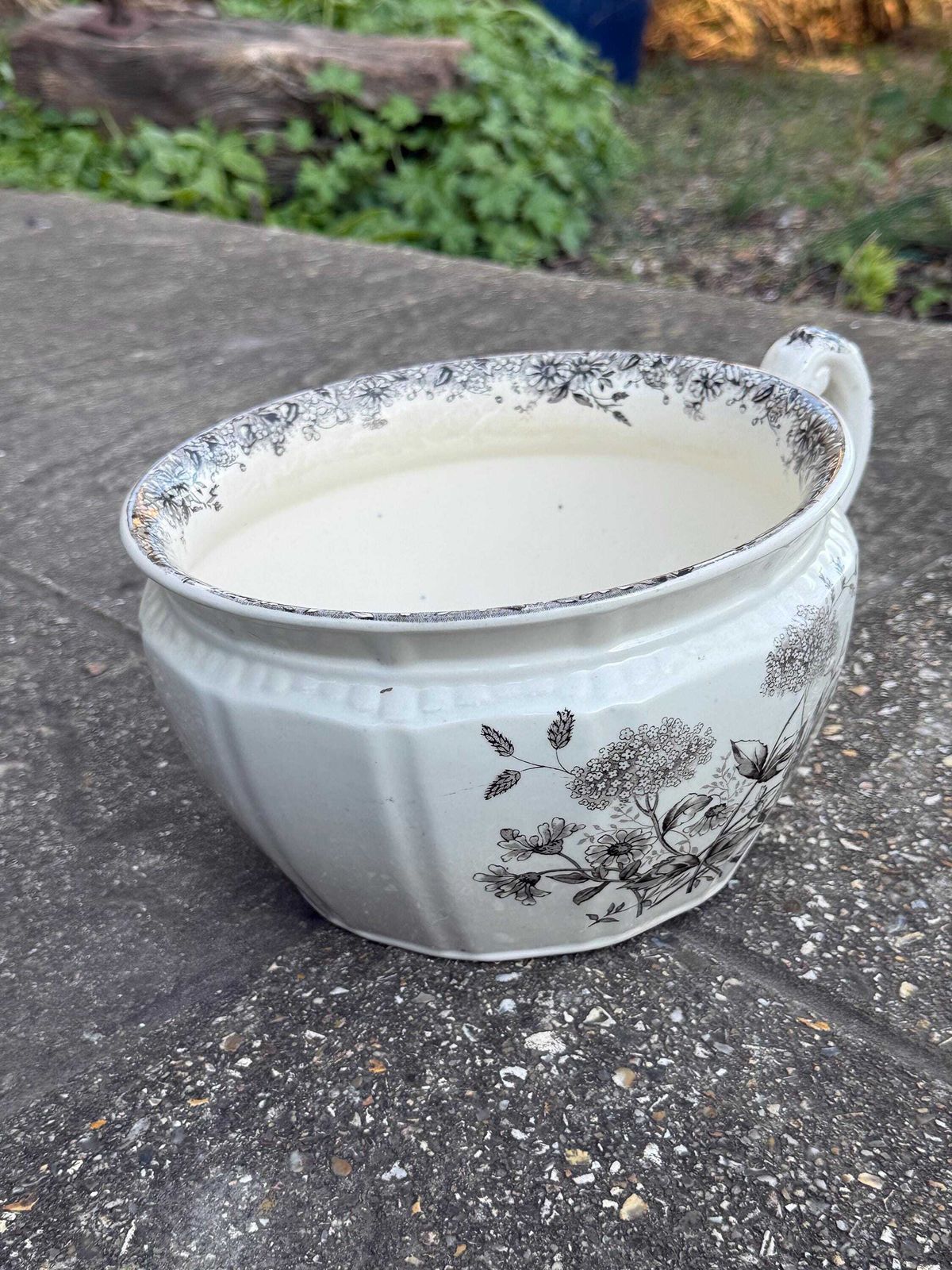 Home Decor Vintage English Chamber Pot / Planter – K And Co Meadow Sweet Transferware – Black & White Floral Ceramic Jardinière photo