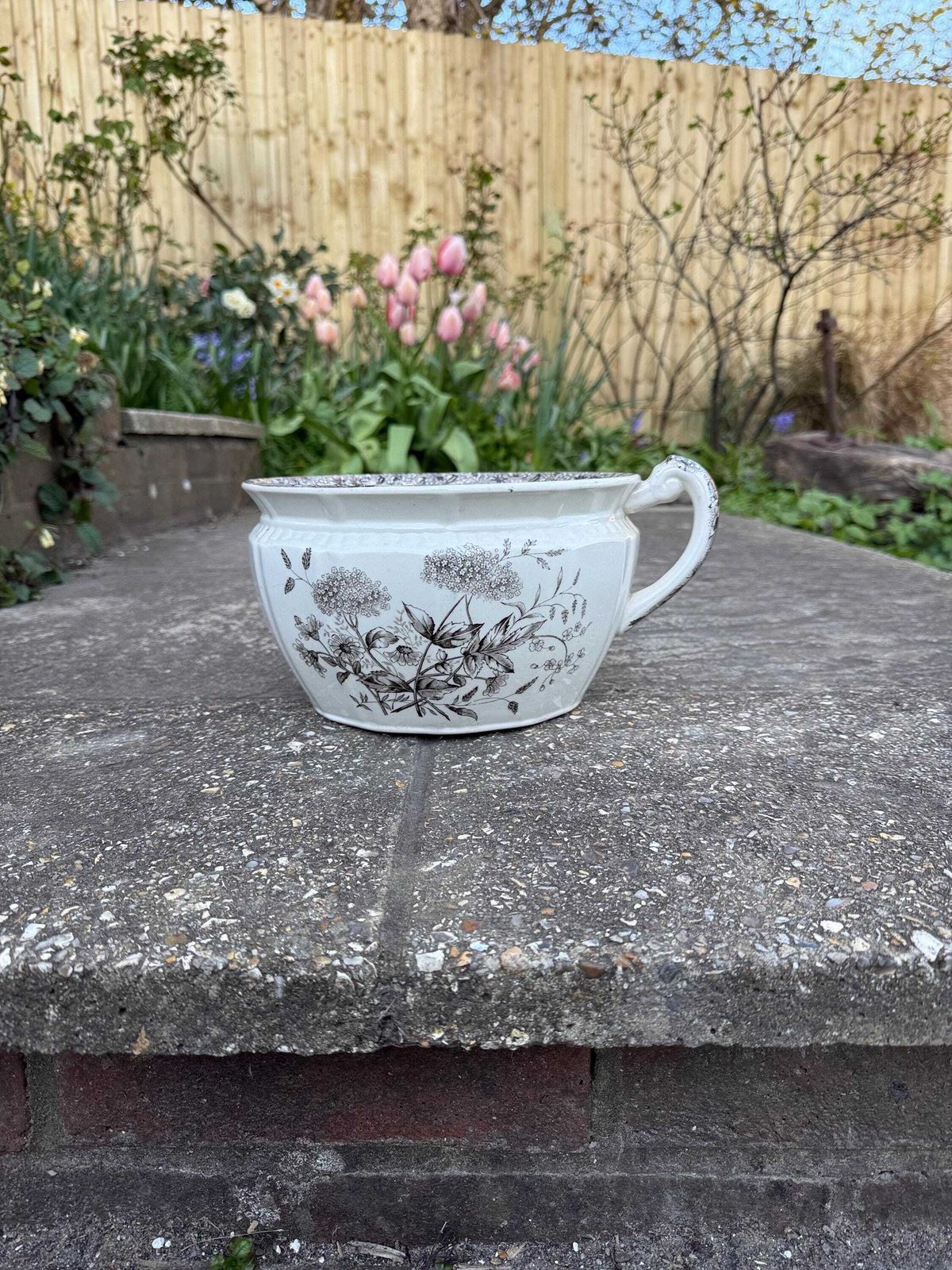 photo buy Vintage English Chamber Pot / Planter – K And Co Meadow Sweet Transferware – Black & White Floral Ceramic Jardinière