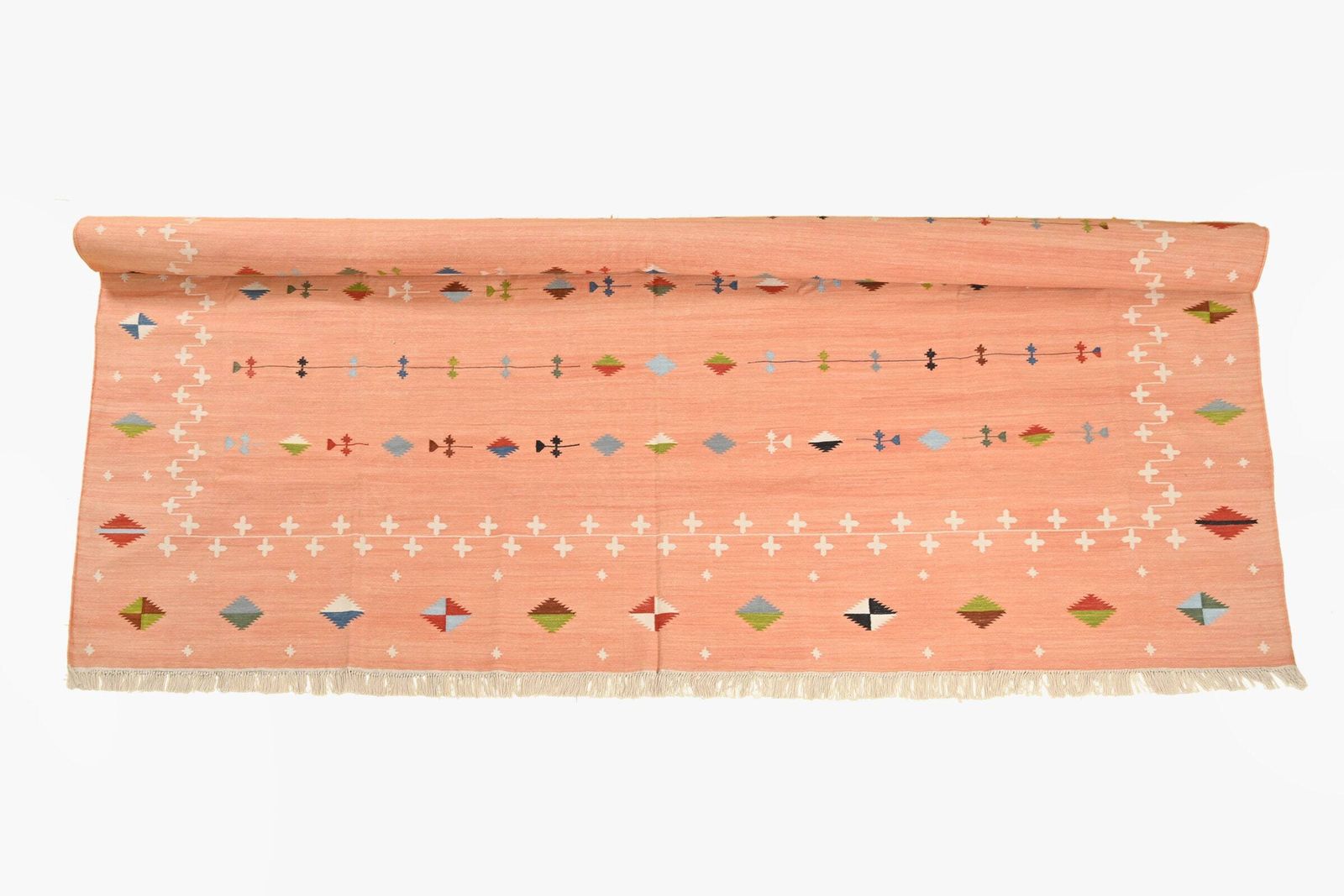 Blush Pink Indian Dhurrie Rug: 9x12 Modern Flatweave Cotton Wool Kilim. photo for sale