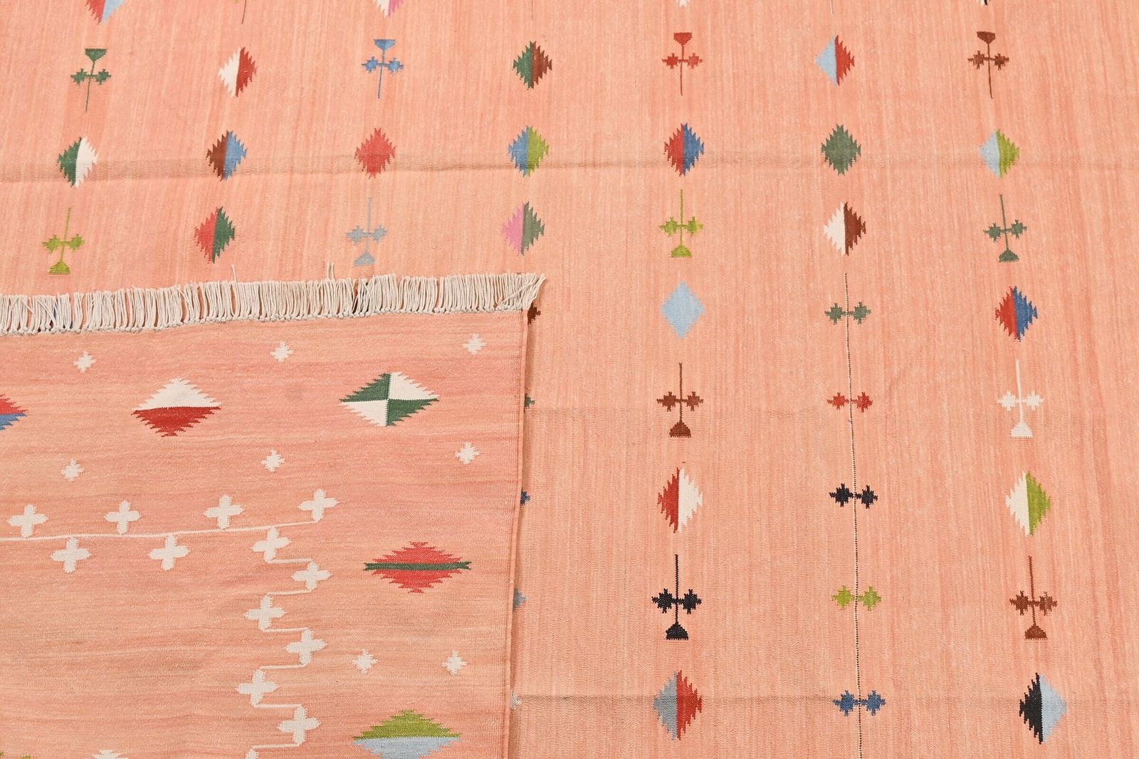 Blush Pink Indian Dhurrie Rug: 9x12 Modern Flatweave Cotton Wool Kilim. photo buy