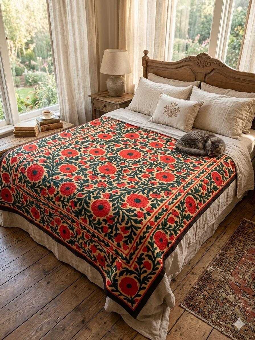 Vintage Suzani Silk Floral Bedcover: Hand Embroidered Textile Wall Hanging. photo furniture