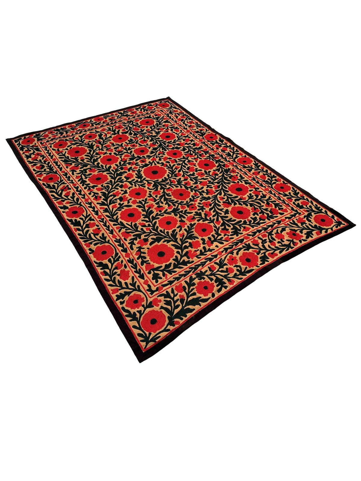 Vintage Suzani Silk Floral Bedcover: Hand Embroidered Textile Wall Hanging. photo 946.0