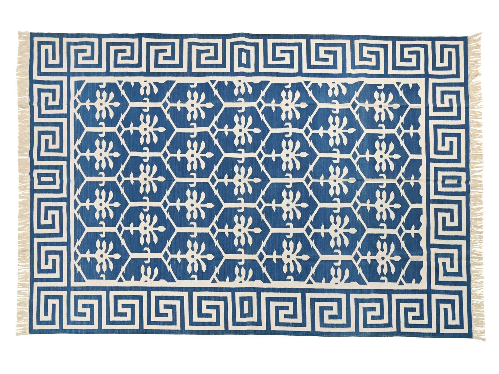 Indigo Blue Dhurrie Rug: Vintage Modern Indian Flatweave.
