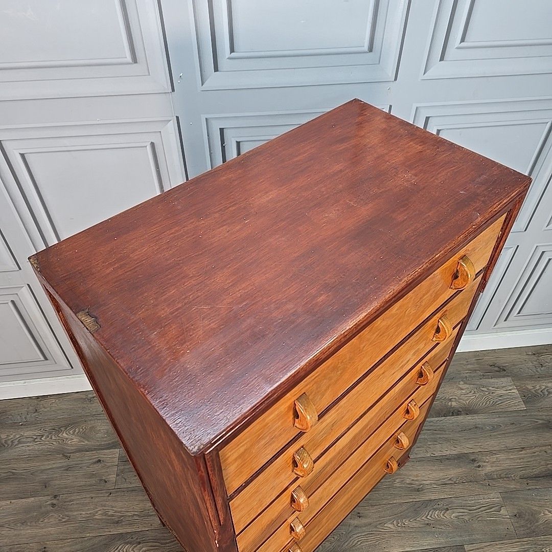 Vintage Chest Of Drawers Tall Two Tone Oak Mid Century Style Commode Retro photo Furniture
