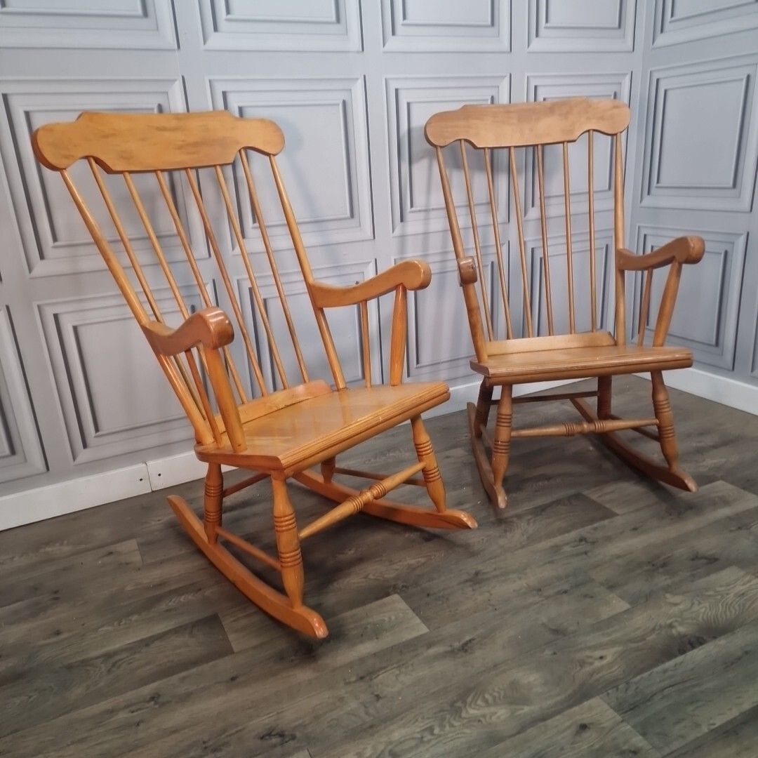 Pair Rocking Arm Chairs  2 Retro Vintage Wooden Turned Country Farmhouse photo furniture