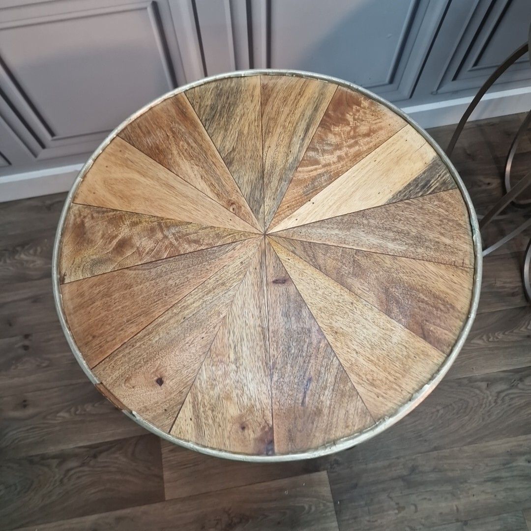 Retro Pair Side Tables 2 Round Wooden Top Metal Frame Coffee Bedside Wood photo for sale