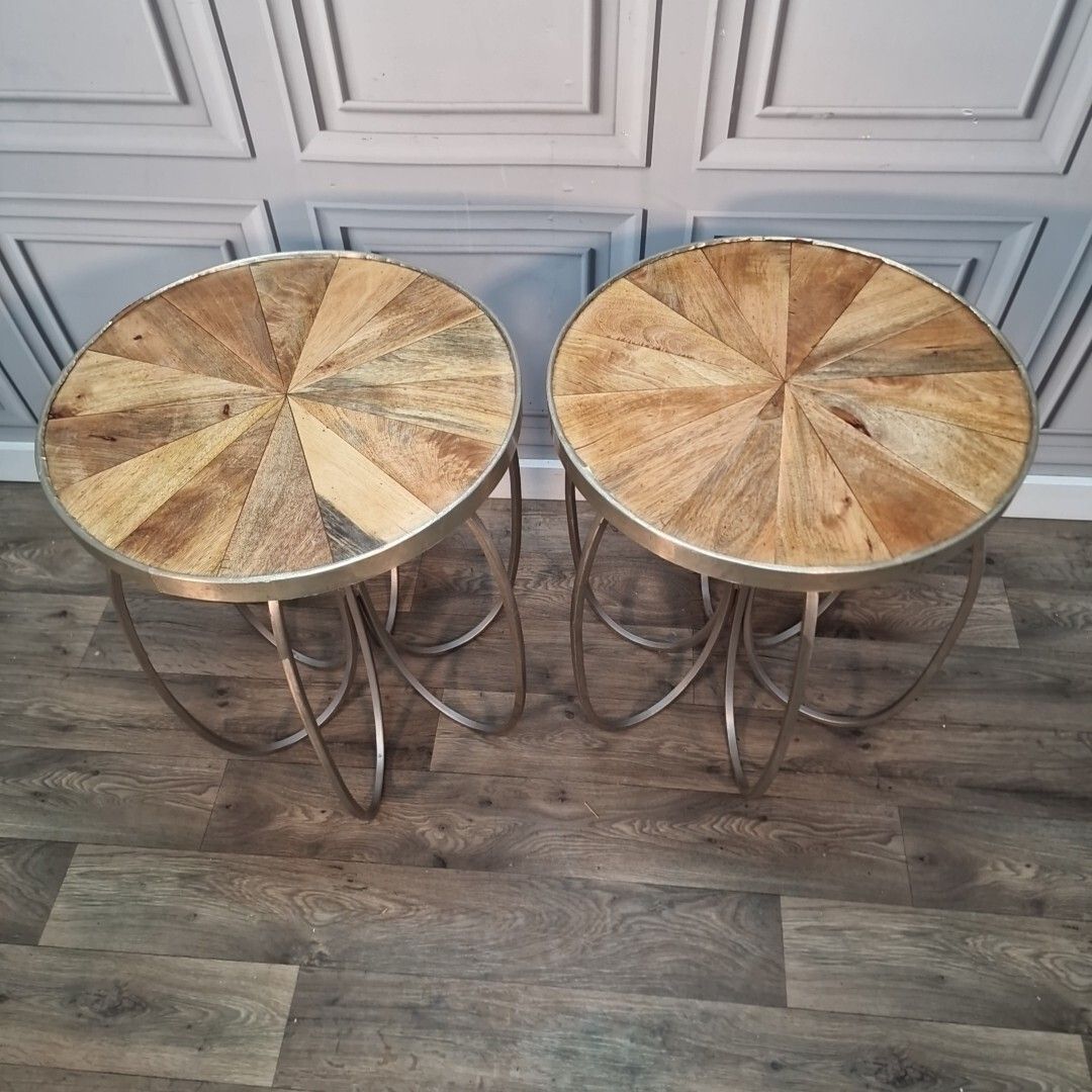 photo for sale Retro Pair Side Tables 2 Round Wooden Top Metal Frame Coffee Bedside Wood