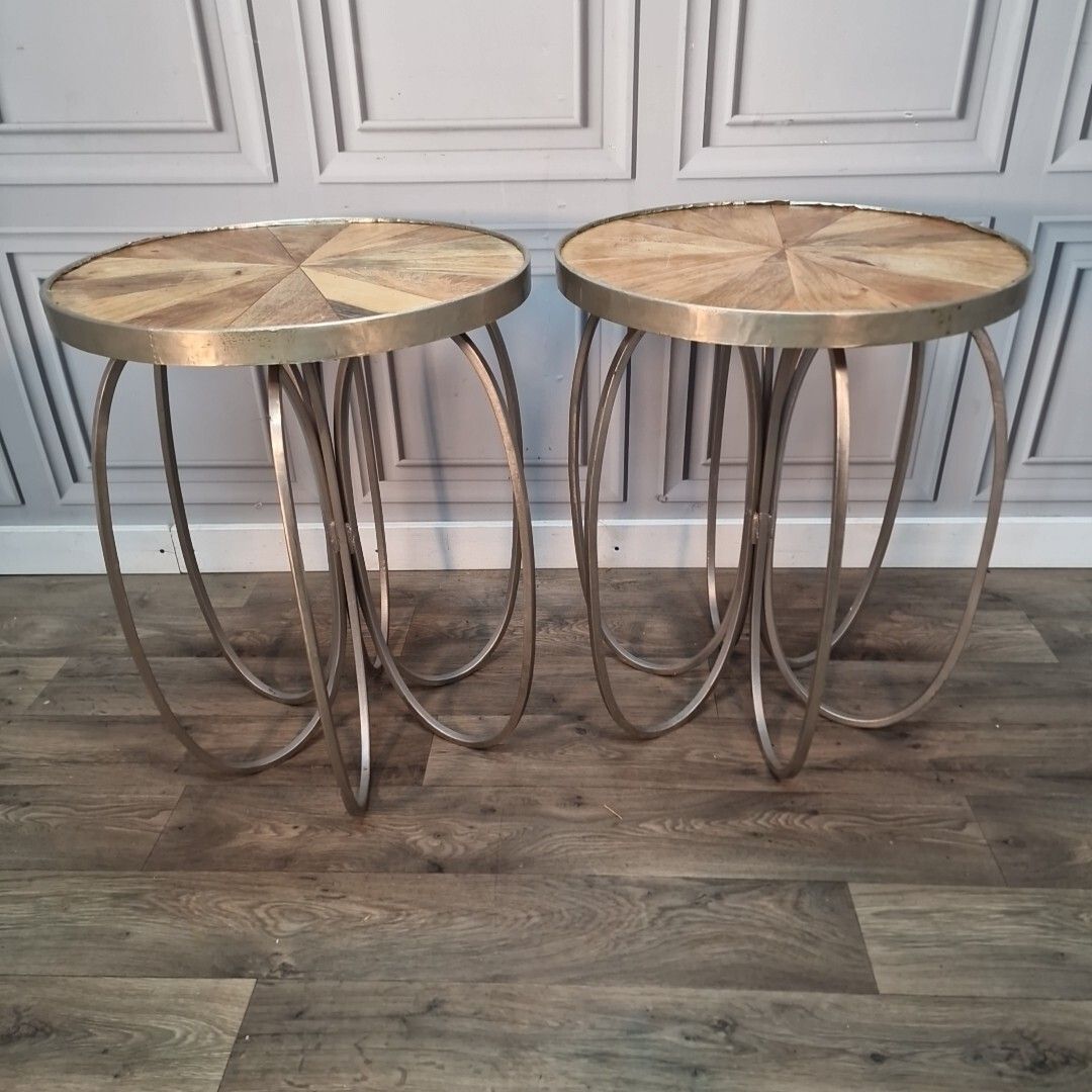 Furniture Retro Pair Side Tables 2 Round Wooden Top Metal Frame Coffee Bedside Wood photo