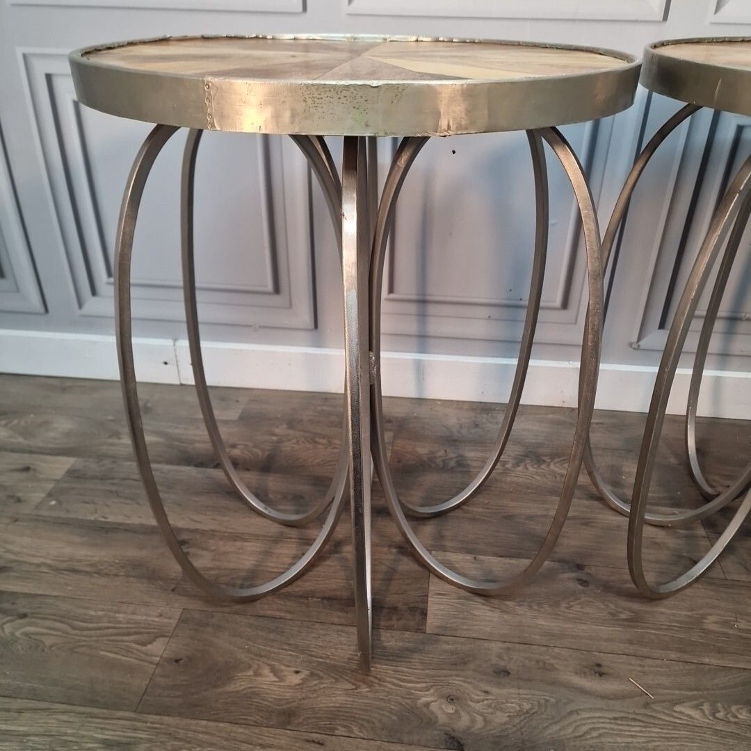 190.0 Retro Pair Side Tables 2 Round Wooden Top Metal Frame Coffee Bedside Wood photo