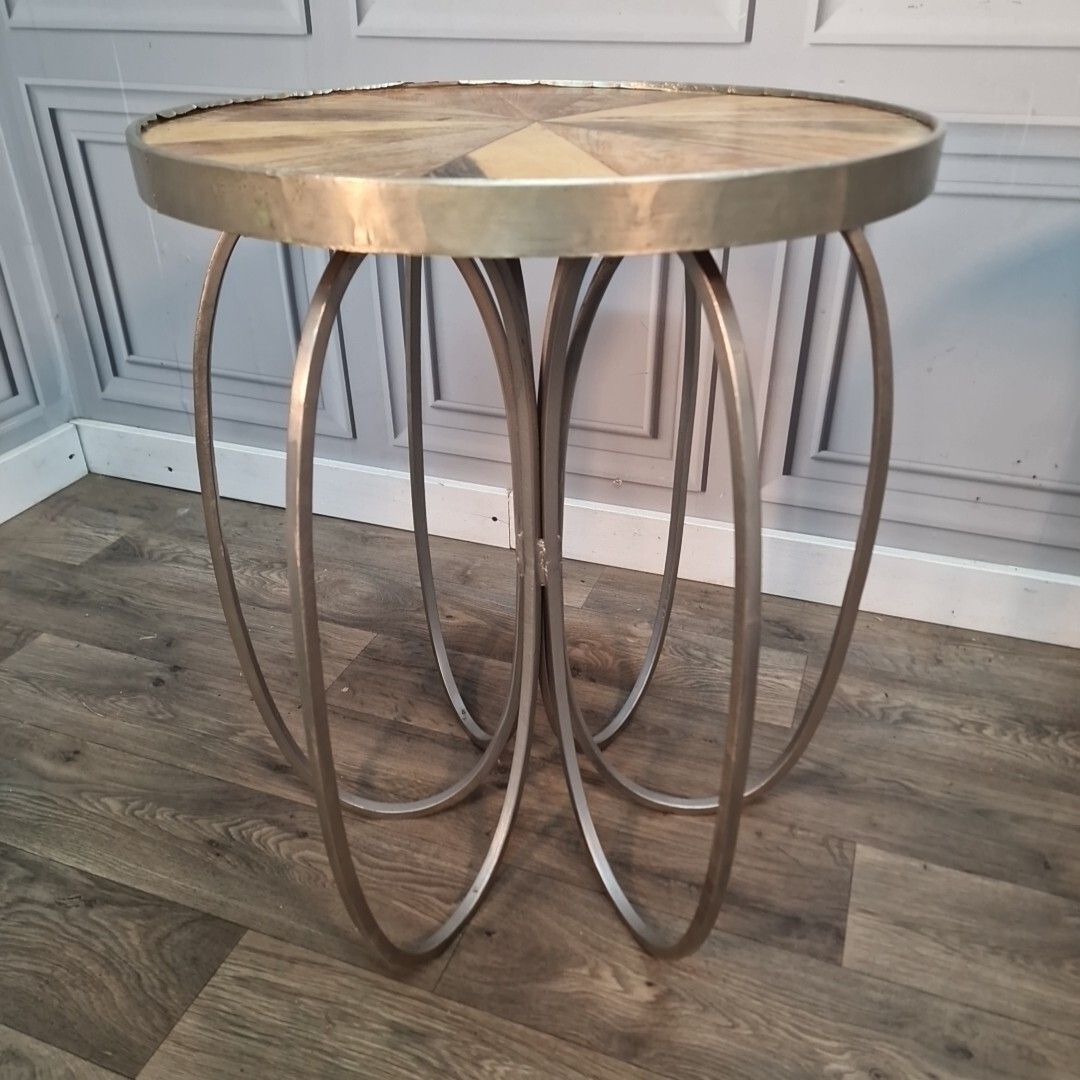 photo buy Retro Pair Side Tables 2 Round Wooden Top Metal Frame Coffee Bedside Wood