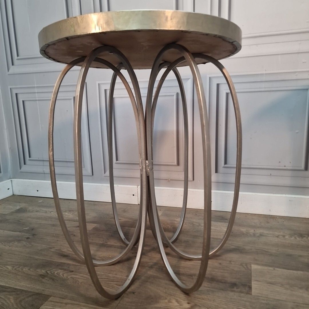 photo vintage Retro Pair Side Tables 2 Round Wooden Top Metal Frame Coffee Bedside Wood