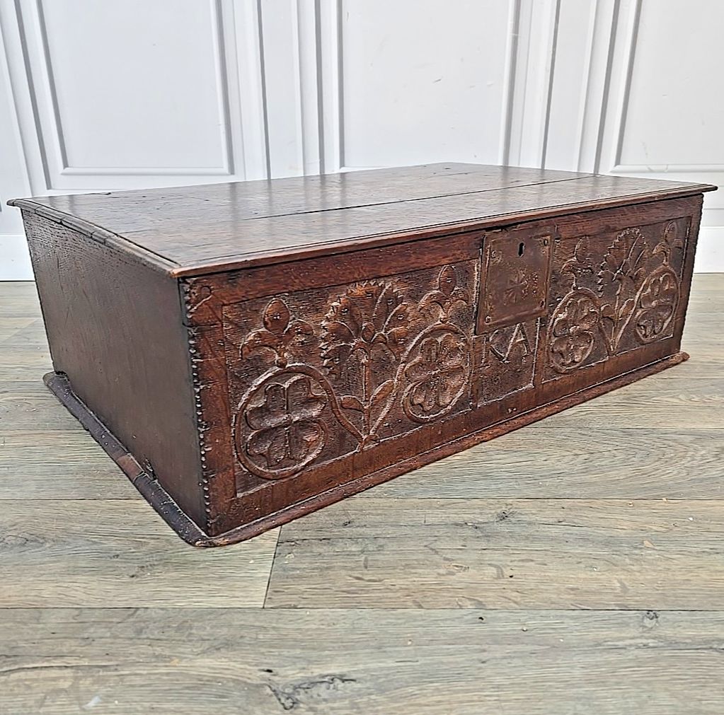 Antique Oak Chest Bible Deed Box 17th Century Floral Carved Coffer Trunk Wood