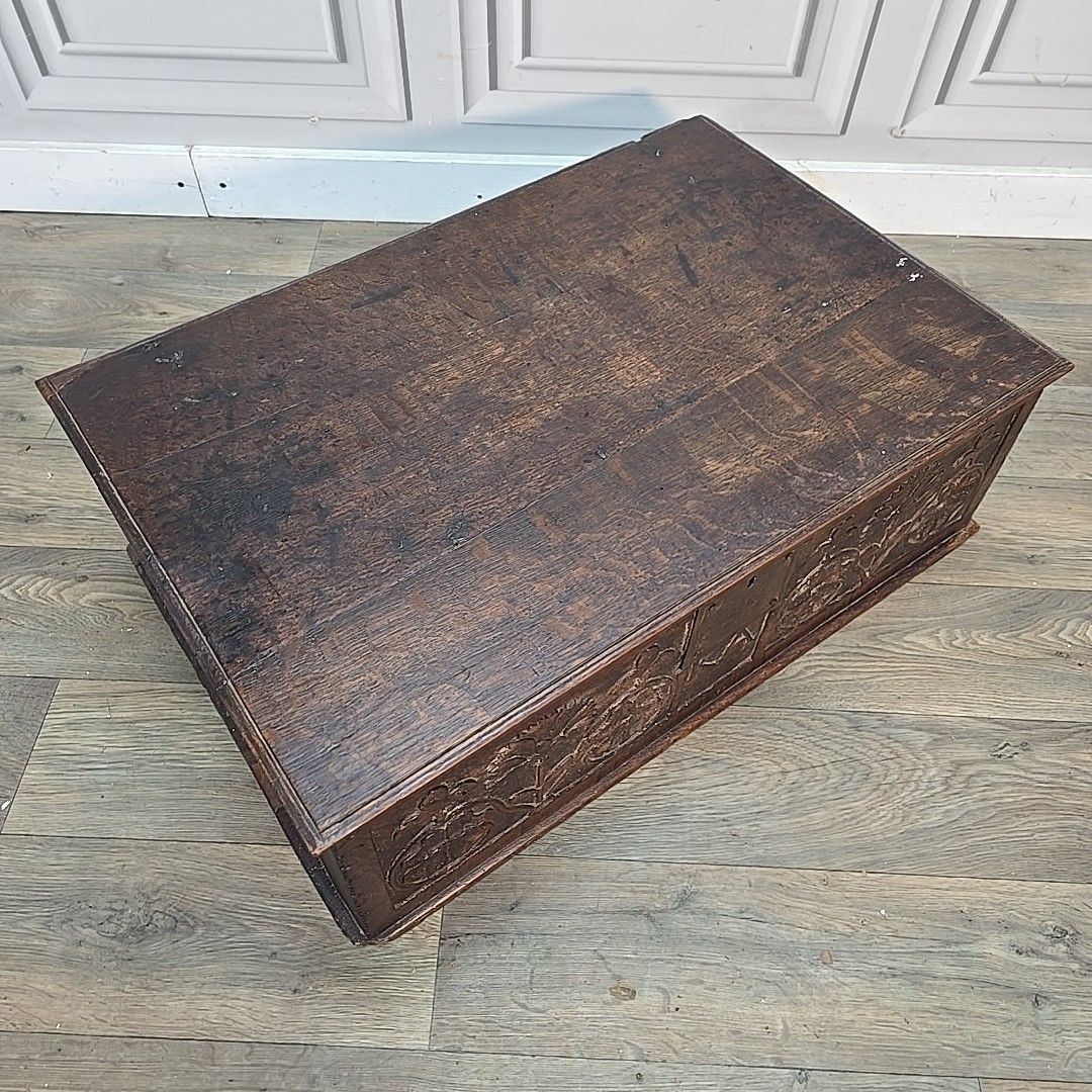 Antique Oak Chest Bible Deed Box 17th Century Floral Carved Coffer Trunk Wood photo for sale