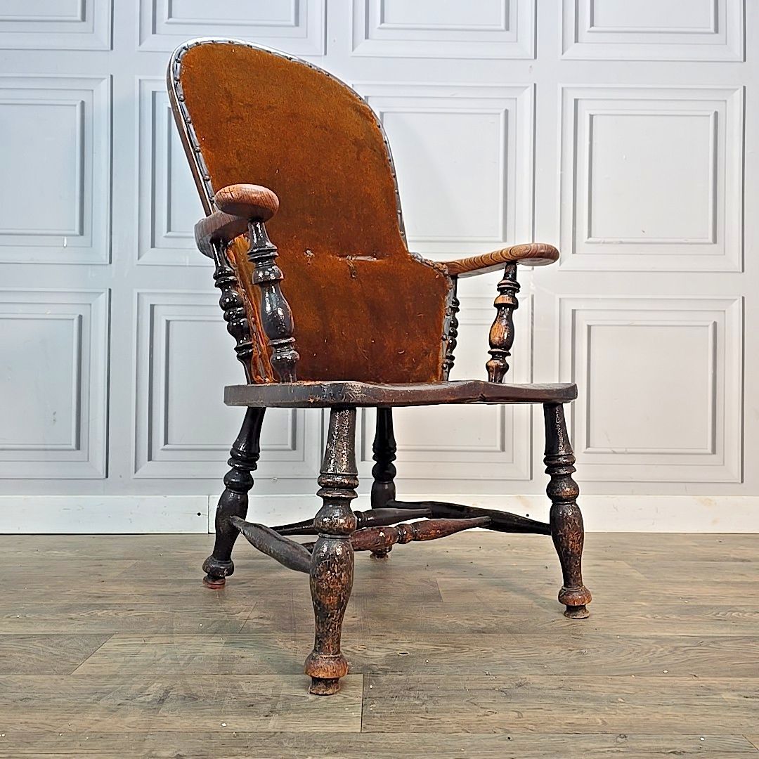 Antique Country Broad Armchair Solid Wood High Back Windsor Chair Rustic Vintage photo furniture