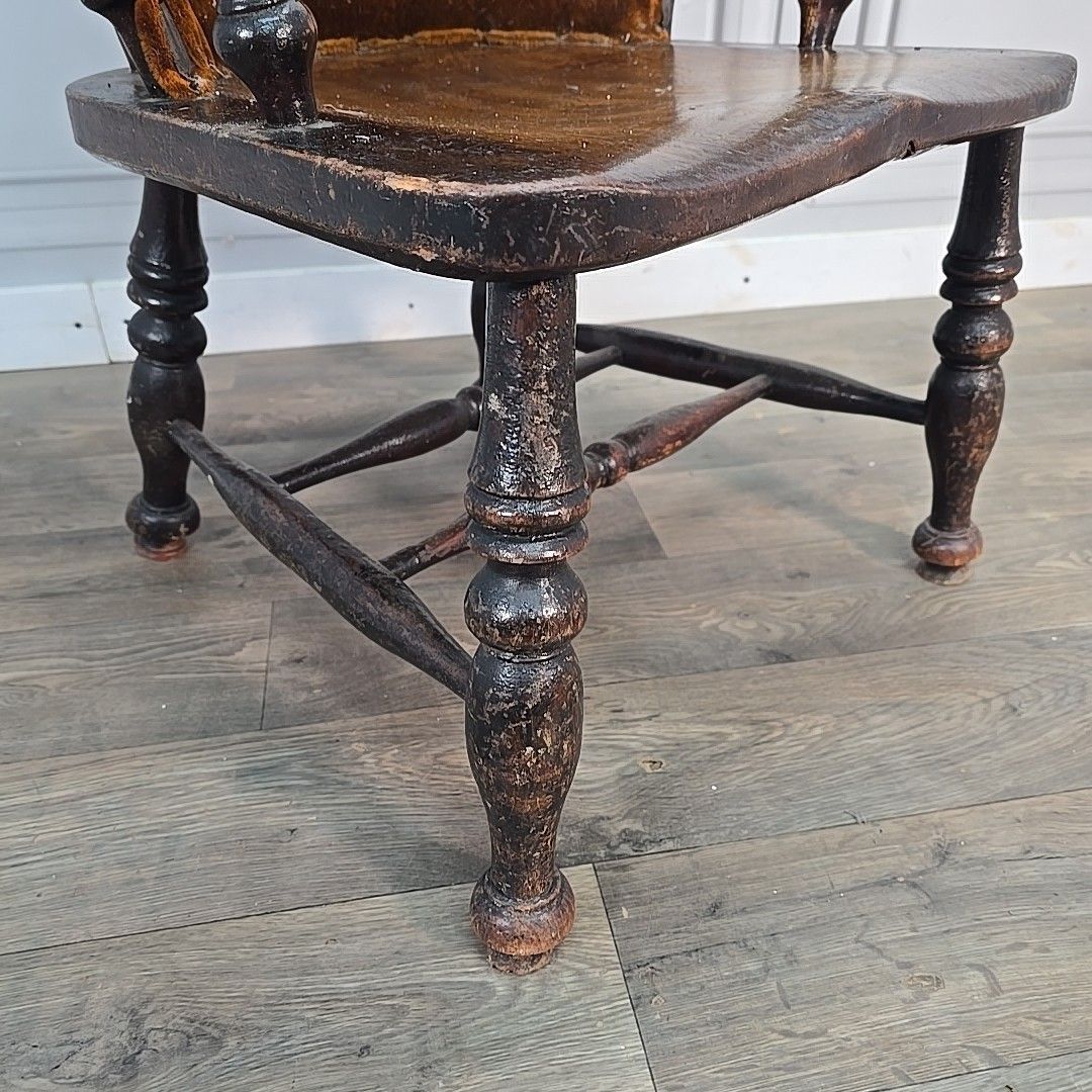 Antique Country Broad Armchair Solid Wood High Back Windsor Chair Rustic Vintage photo Furniture
