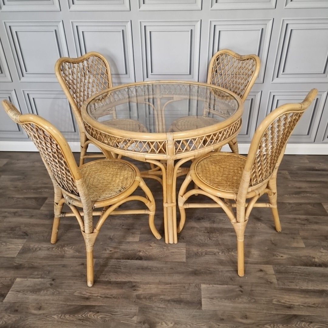 Retro Table & Chair Set Bistro Cafe Cane Conservatory Glass Mid Century Vintage photo furniture