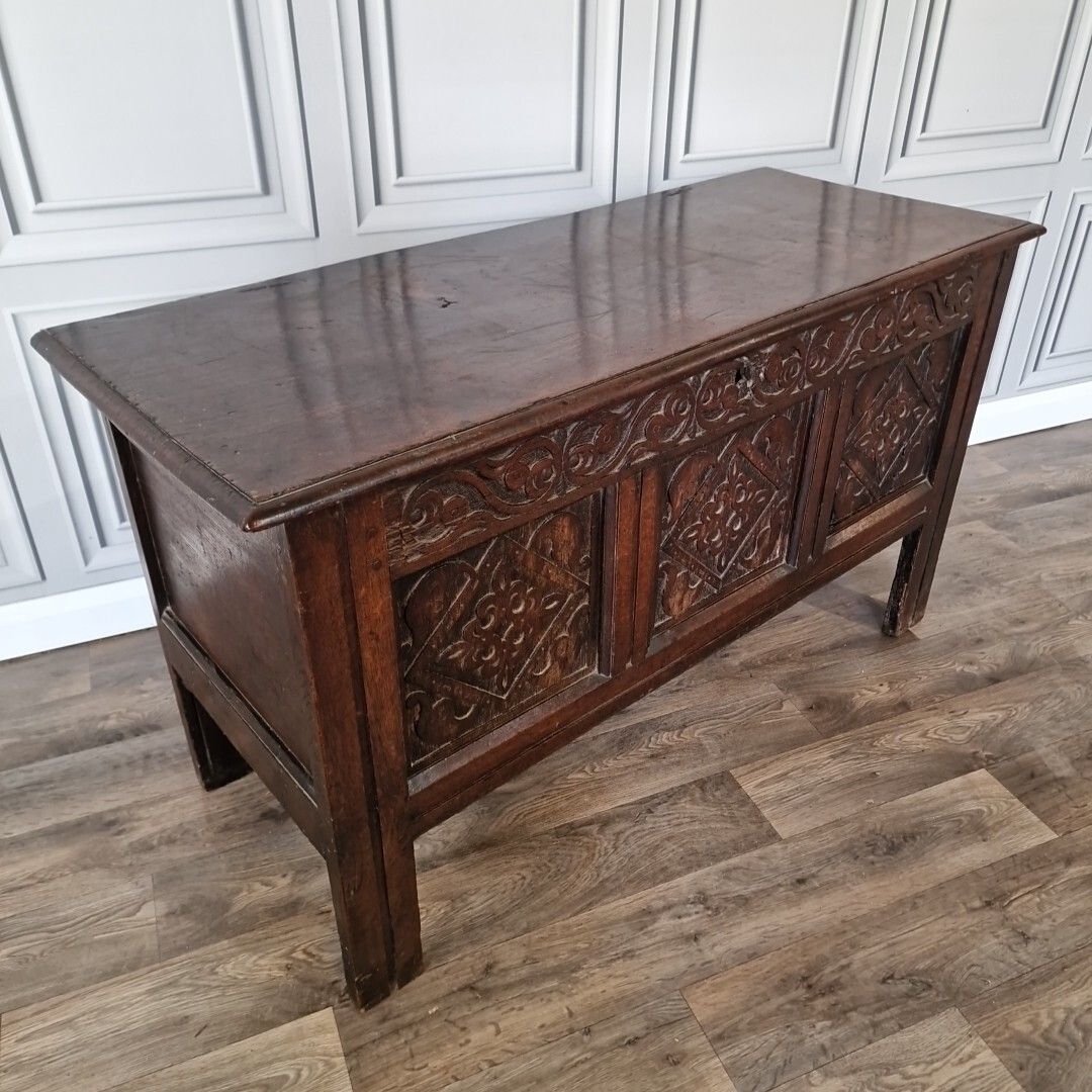 Antique Wooden Coffer Mule Chest Carved Panel Blanket Box Trunk Jacobean Style photo furniture