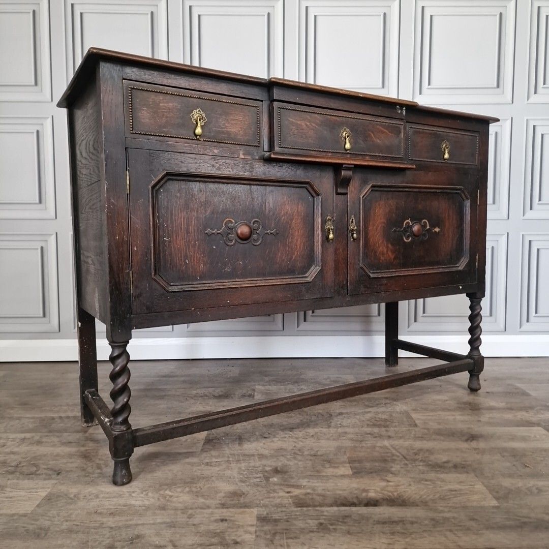 Antique Carved Court Cupboard Wood Barley Twist Oak Buffet Cabinet Sideboard photo furniture