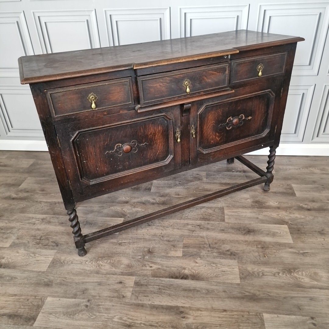 Antique Carved Court Cupboard Wood Barley Twist Oak Buffet Cabinet Sideboard photo buy