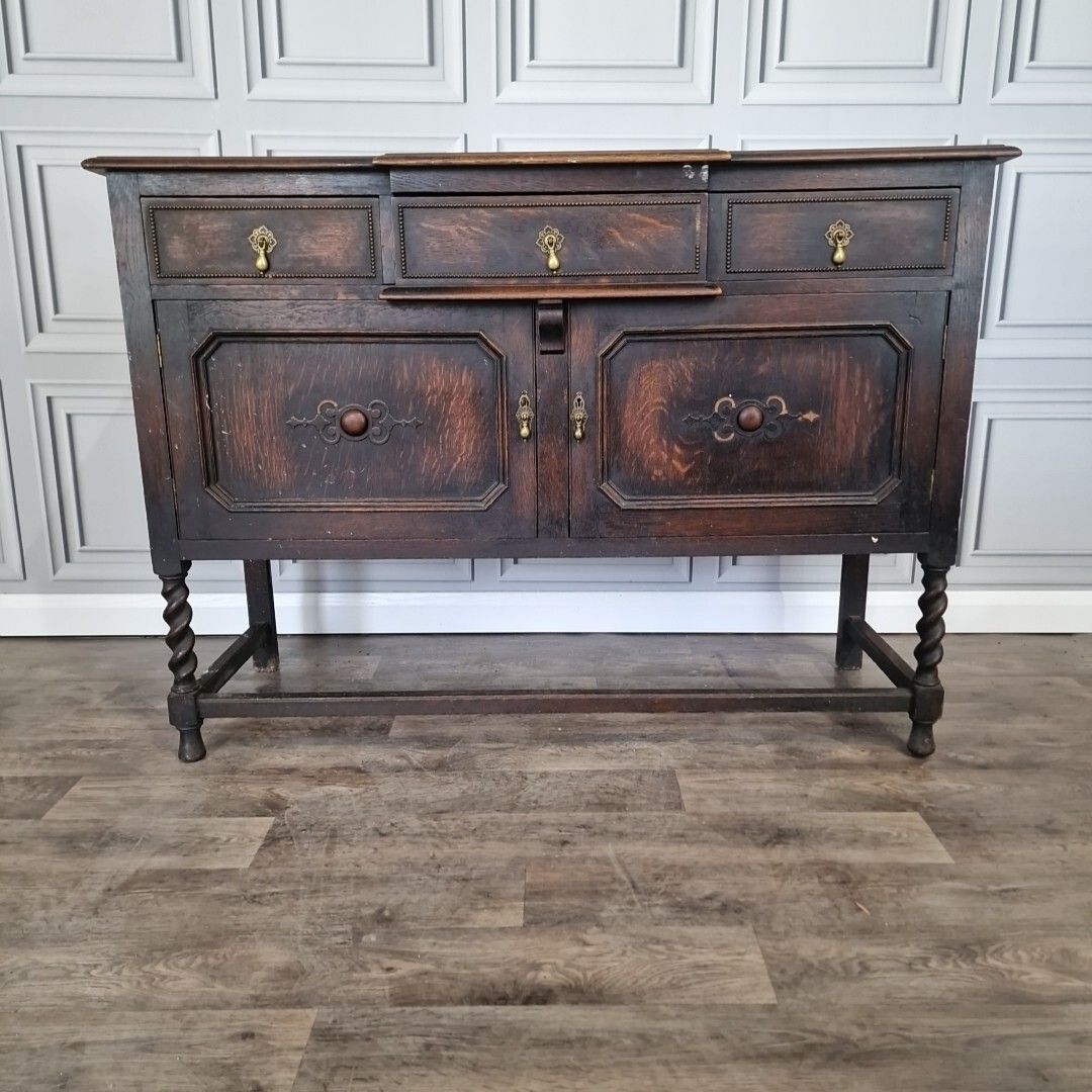 Antique Carved Court Cupboard Wood Barley Twist Oak Buffet Cabinet Sideboard photo vintage