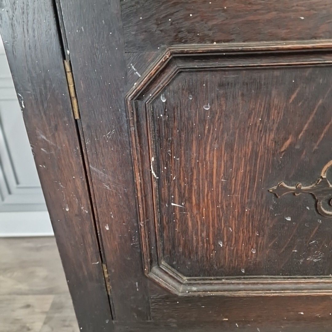 250.0 Antique Carved Court Cupboard Wood Barley Twist Oak Buffet Cabinet Sideboard photo