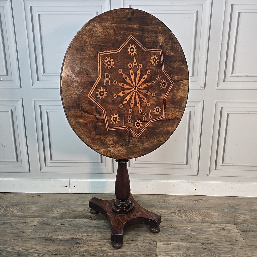 Antique Tilt Top Table – Side Inlaid Marquetry Top – Pedestal Base Window Lamp photo furniture