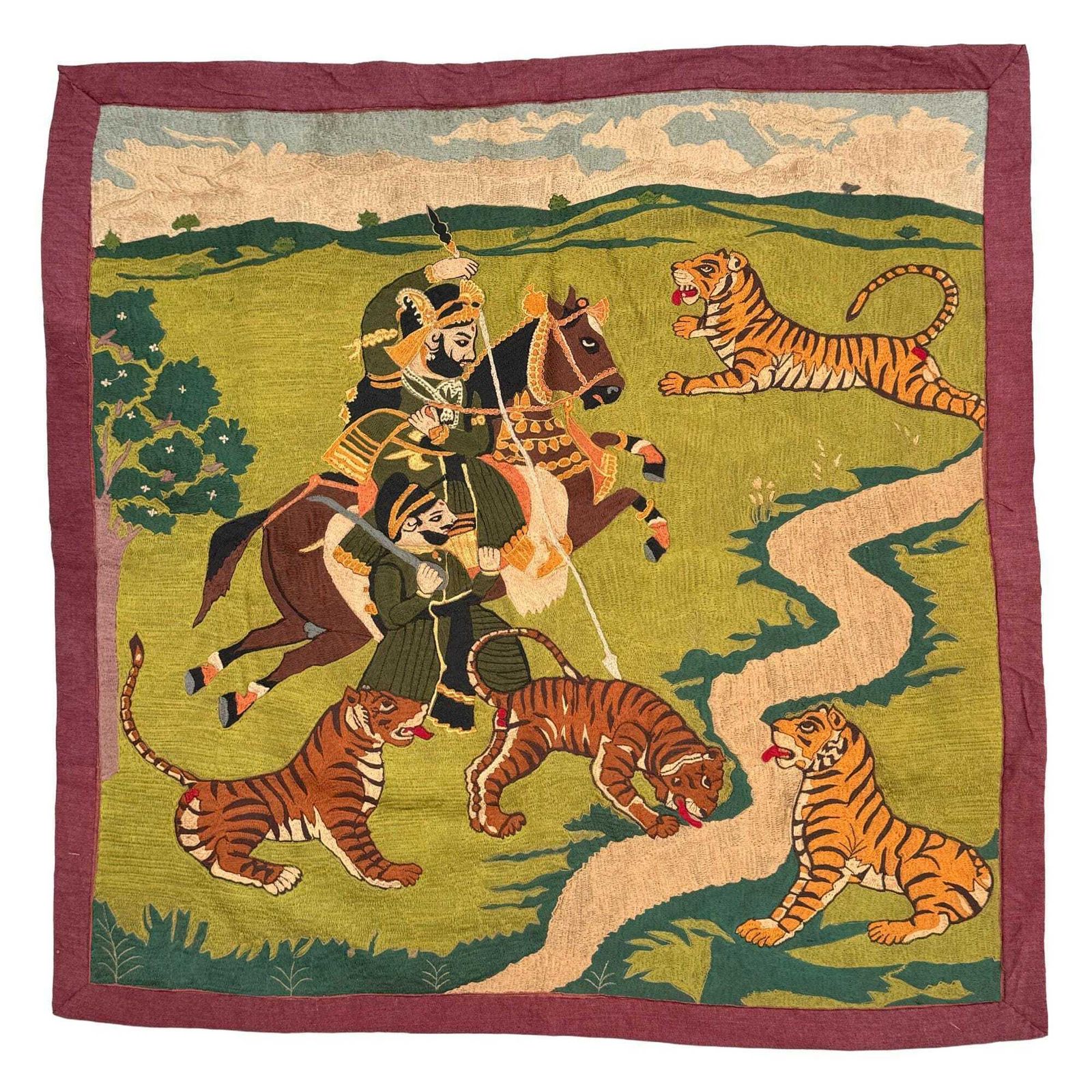 Indian Silk Embroidery Wall Hanging | Vintage Hunting Scene Tapestry, 30x30 Inch Boho Rustic Decor.