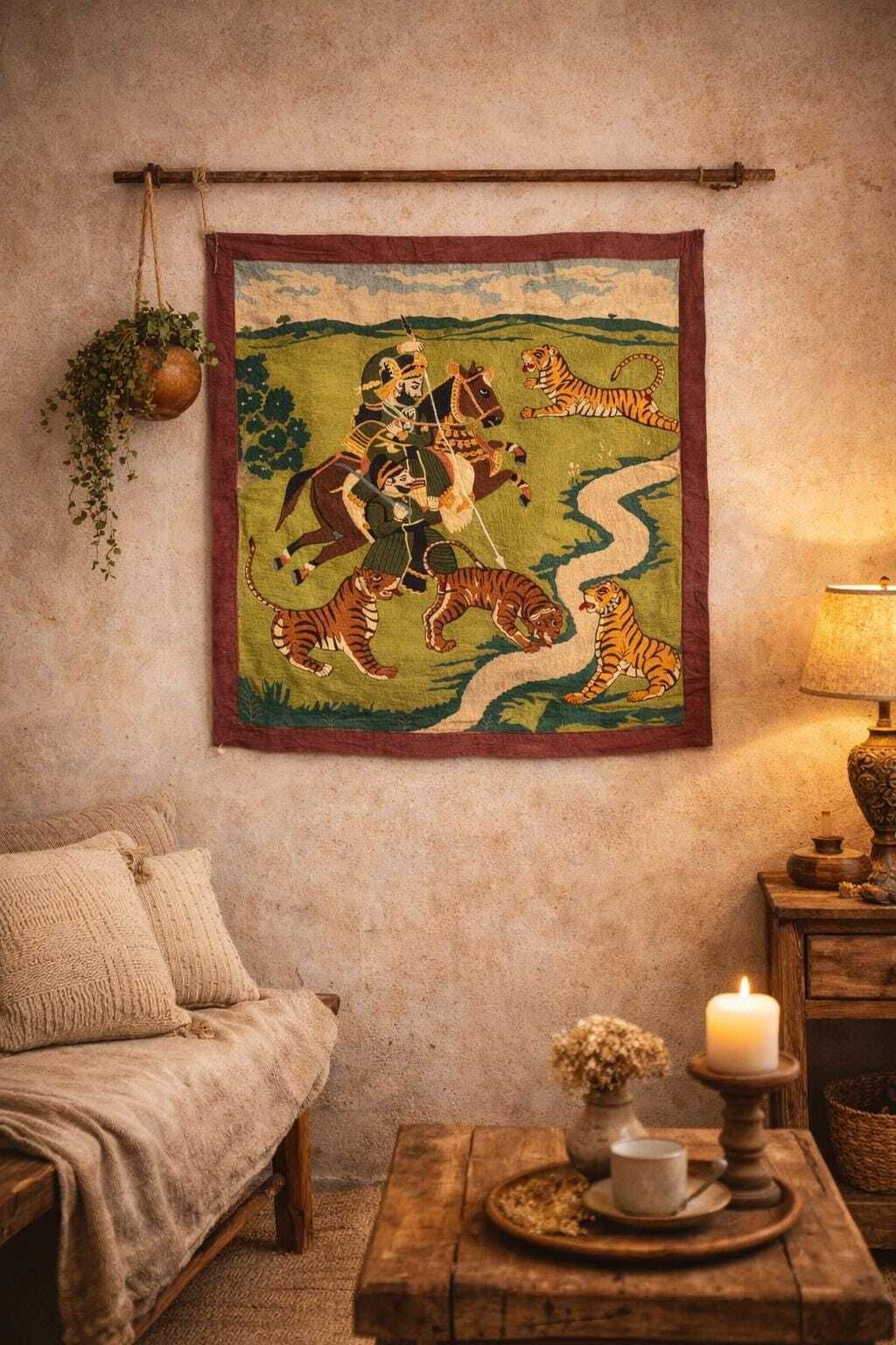 photo furniture Indian Silk Embroidery Wall Hanging | Vintage Hunting Scene Tapestry, 30x30 Inch Boho Rustic Decor.