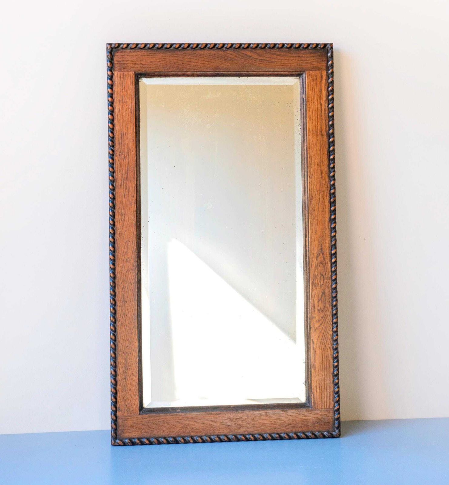 Victorian Oak Wall Mirror – Antique Barley Twist Frame With Beveled Glass, 1900s