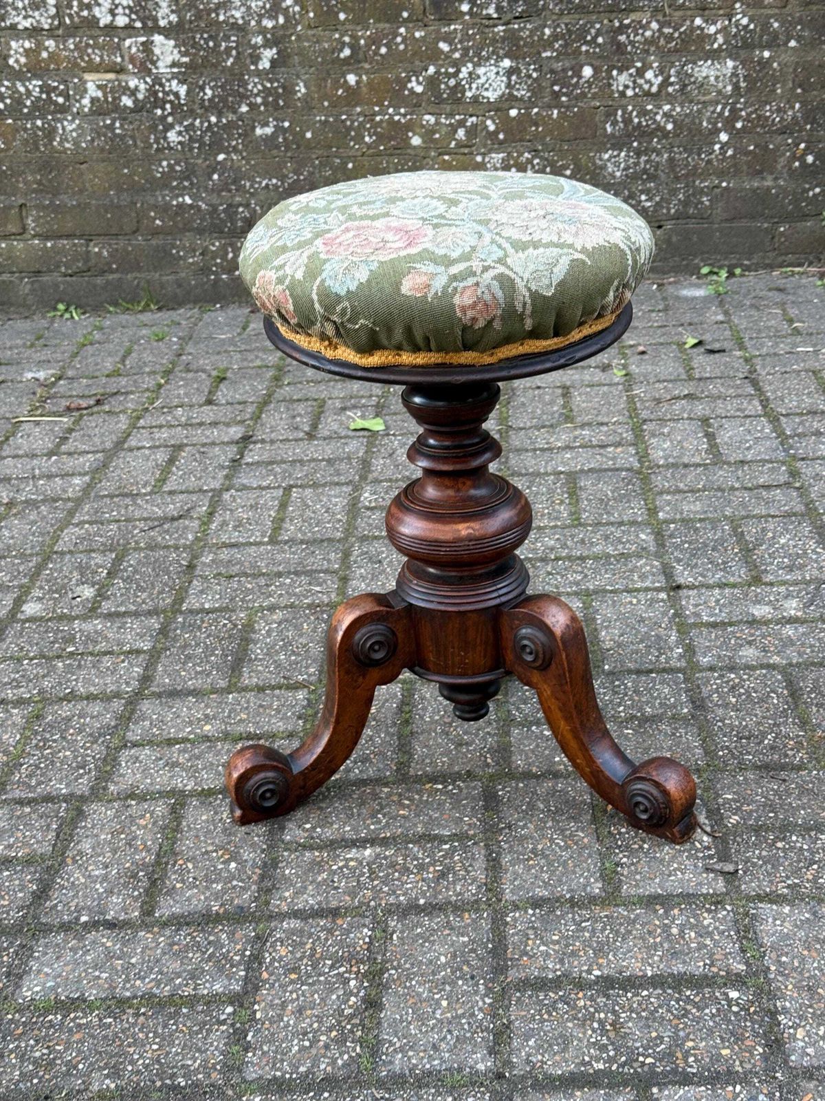 Antique Victorian Adjustable Piano Occasional Stool – Solid Wood Carved Tripod Stool With Floral Green Upholstered Seat photo buy