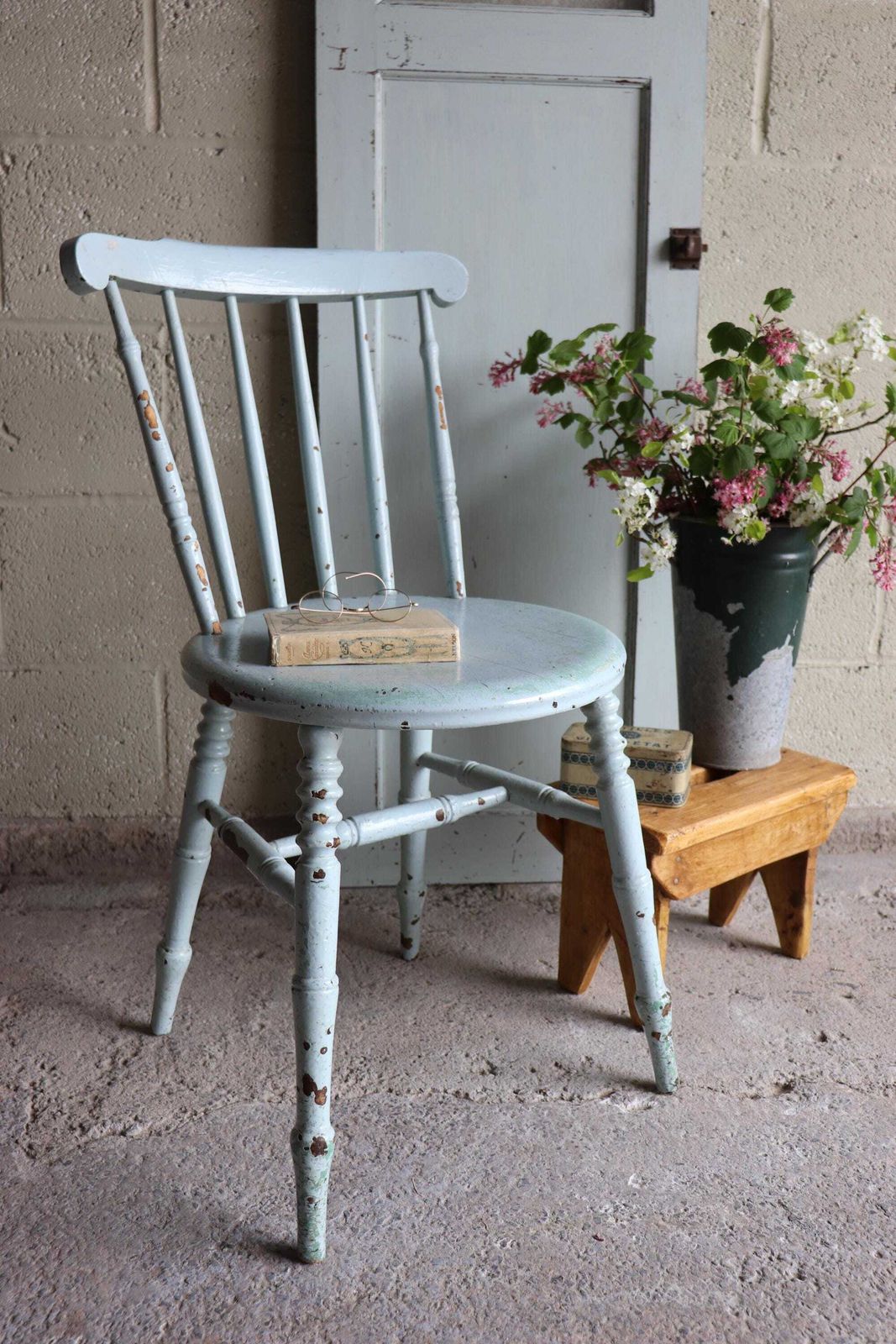 Painted Spindle Back Farmhouse Penny Chair In Original Distressed Duck Egg Blue photo vinterior