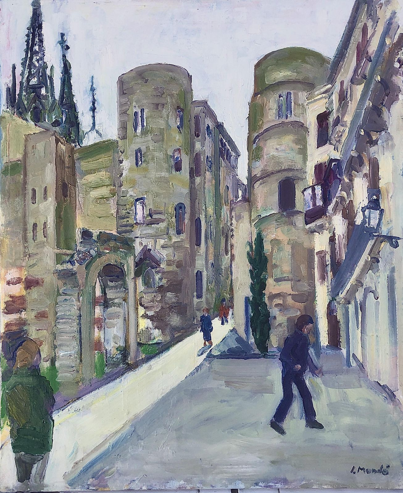 Ignasi Mundó Plaza Nova Barcelona Gothic Quarter Oil Painting Spanish Fauvist Cityscape 1986