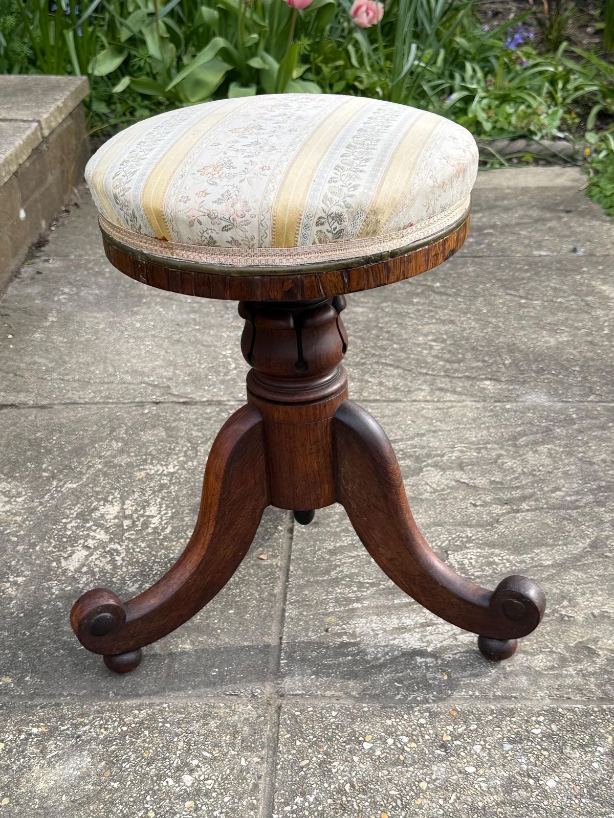 Antique Victorian Piano Stool Carved Walnut Adjustable Seat Yellwo Striped Floral Upholstery photo Furniture