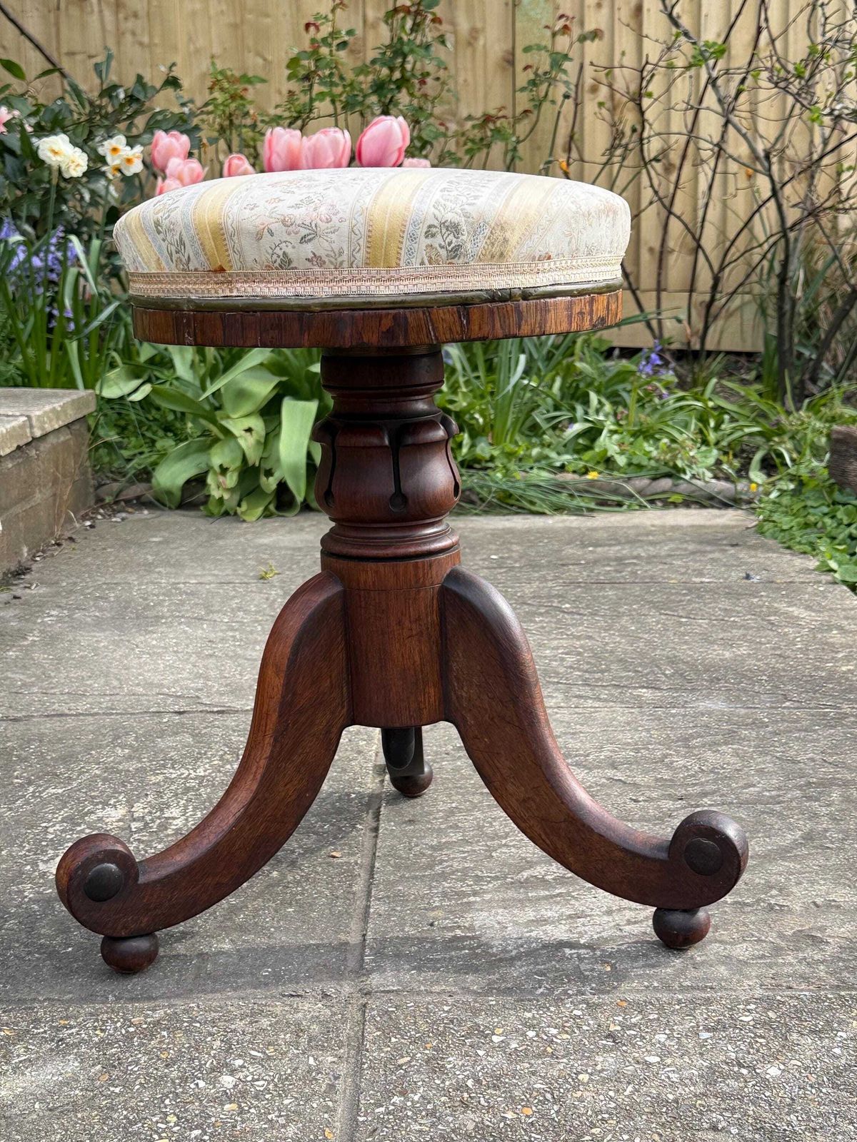 photo buy Antique Victorian Piano Stool Carved Walnut Adjustable Seat Yellwo Striped Floral Upholstery