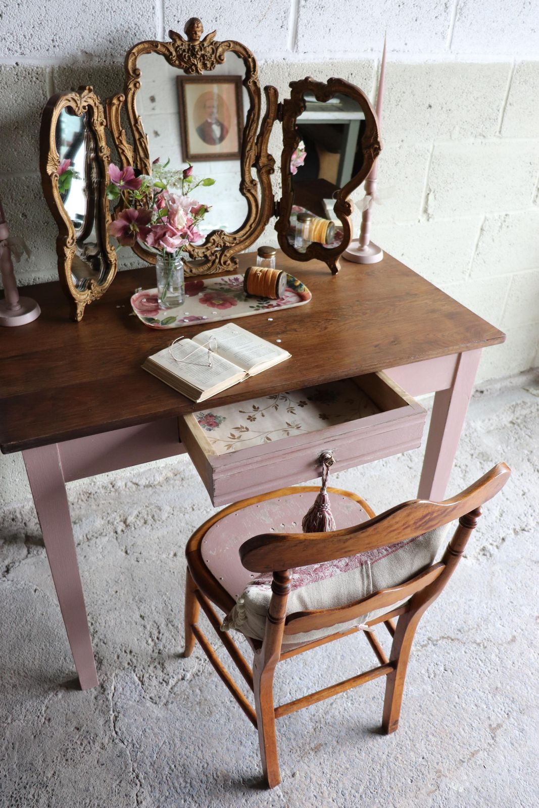 French Mid Century Desk Or Dressing Table With Pink Painted Base And Drawer photo buy