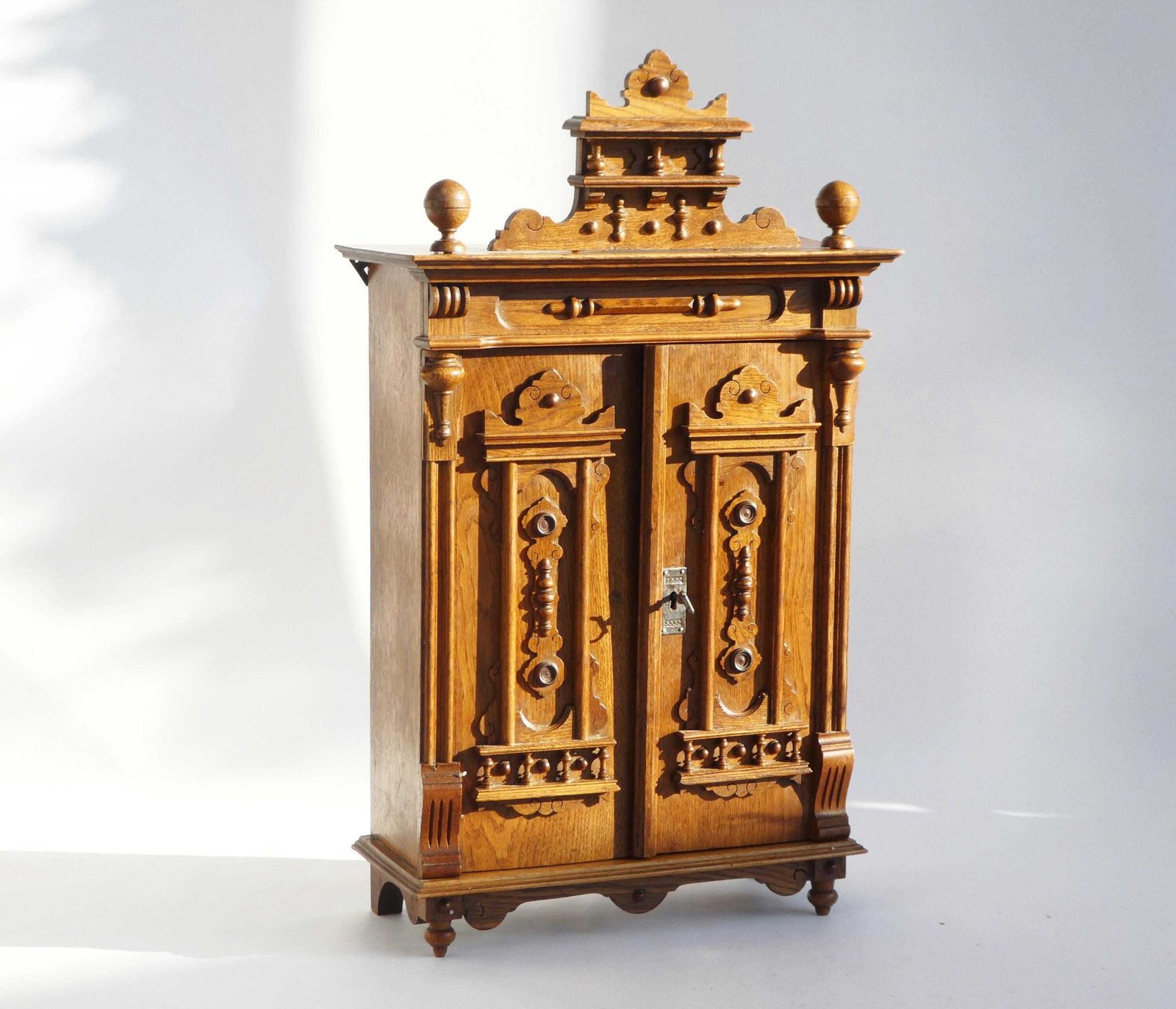Antique Solid Oak Cabinet Gothic Style, Hand Carved Wooden Cupboard, Rustic European Storage Furniture
