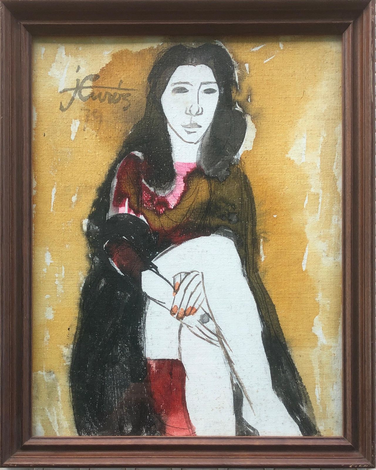 Jordi Curos Woman Posing, Mixed Media Painting Fauvist 1979 photo furniture
