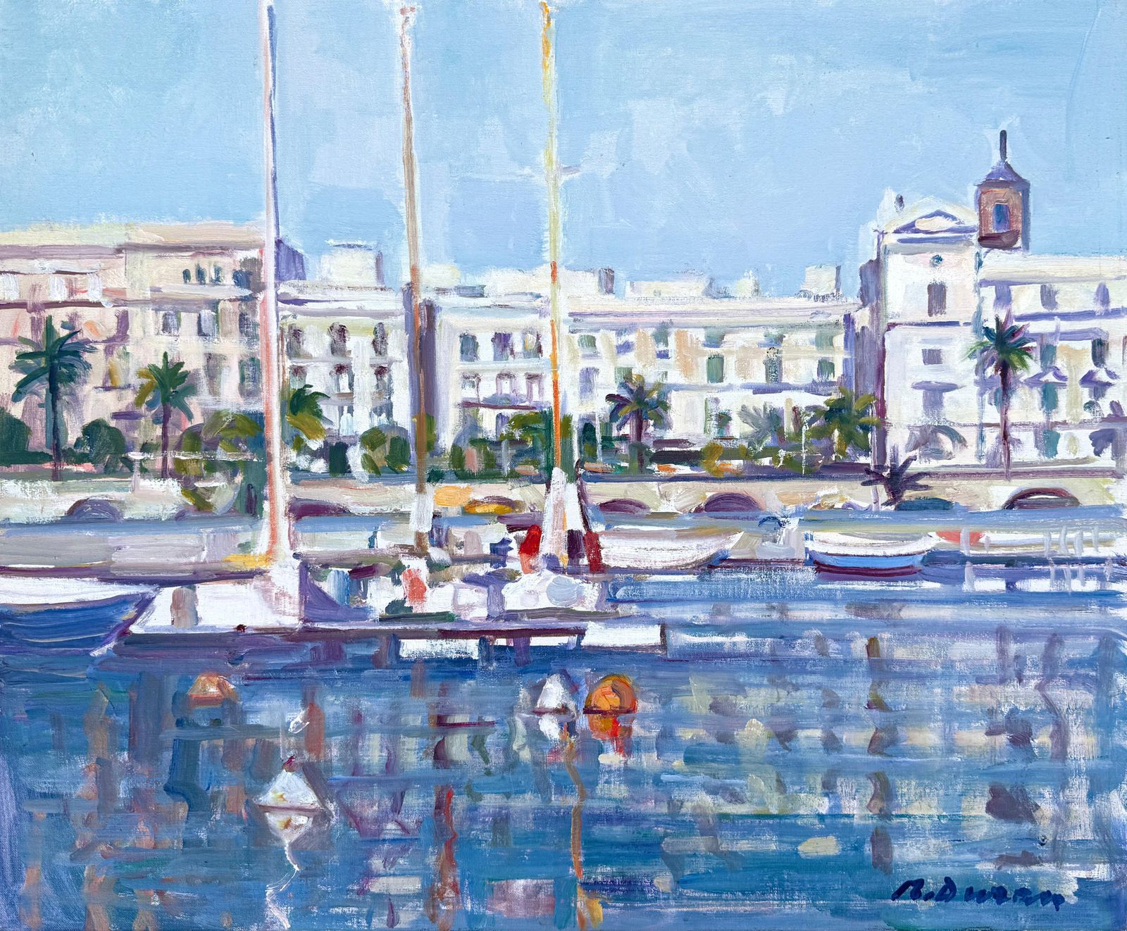 Rafael Duran Benet Mid Century Barcelona Harbor Sailboats Mediterranean Impressionist Oil Painting 1990