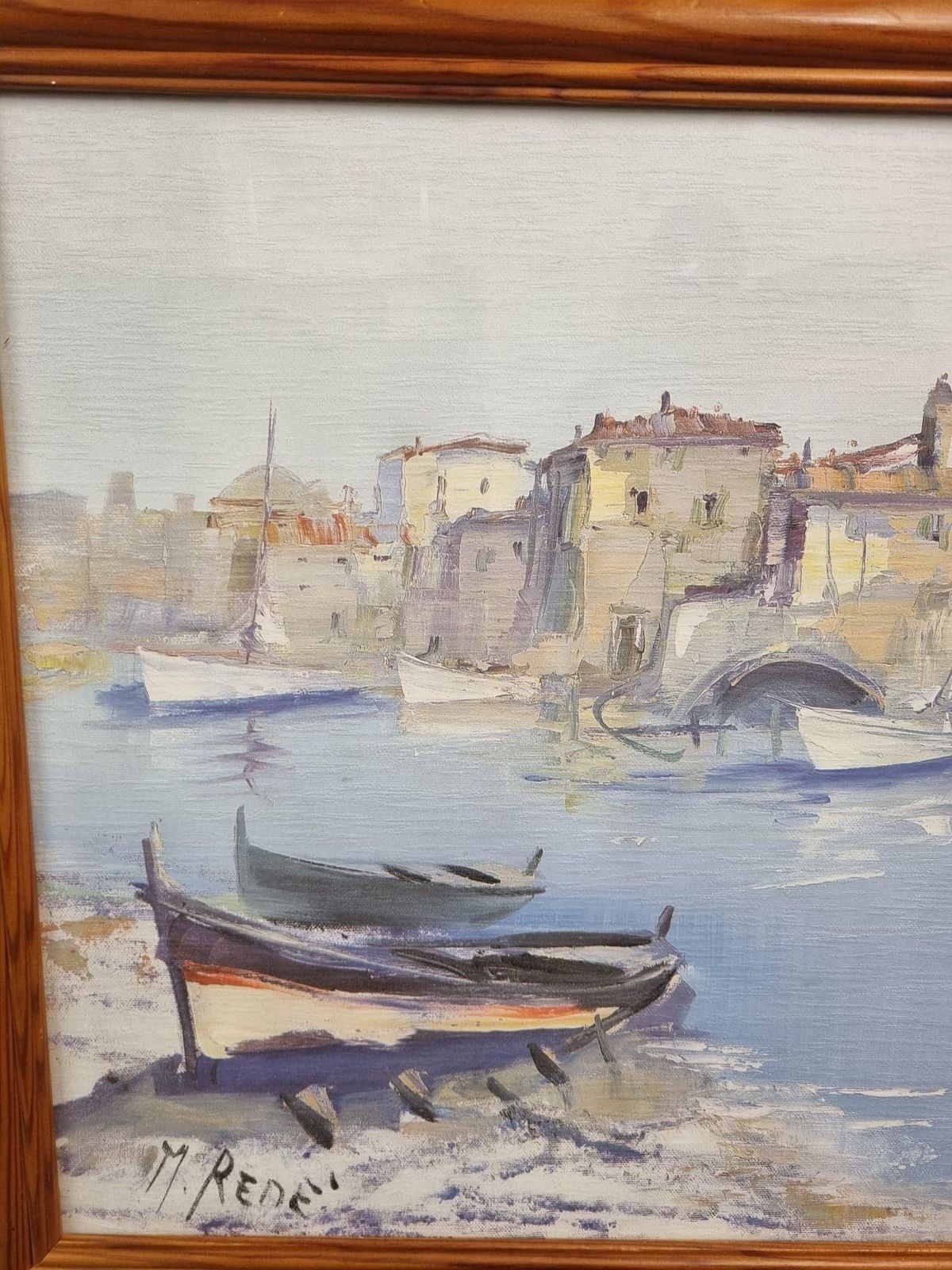Original Signed Oil Painting On Canvas / Coastal Harbour Scene / C1960 photo vinterior