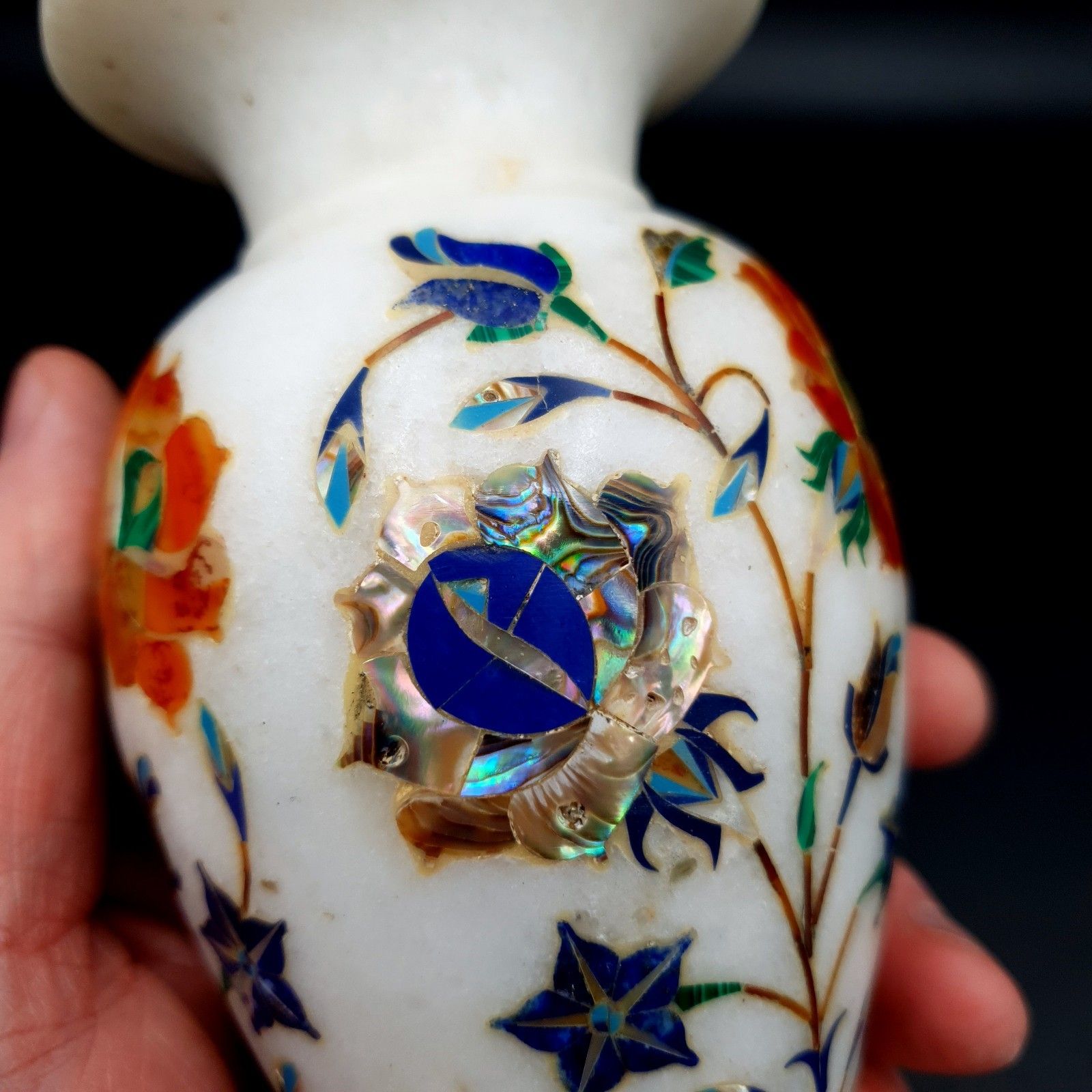 White Marble Decor Pietra Dura Art Semi Precious Stones Flower Bud Vase H 18cm photo vintage