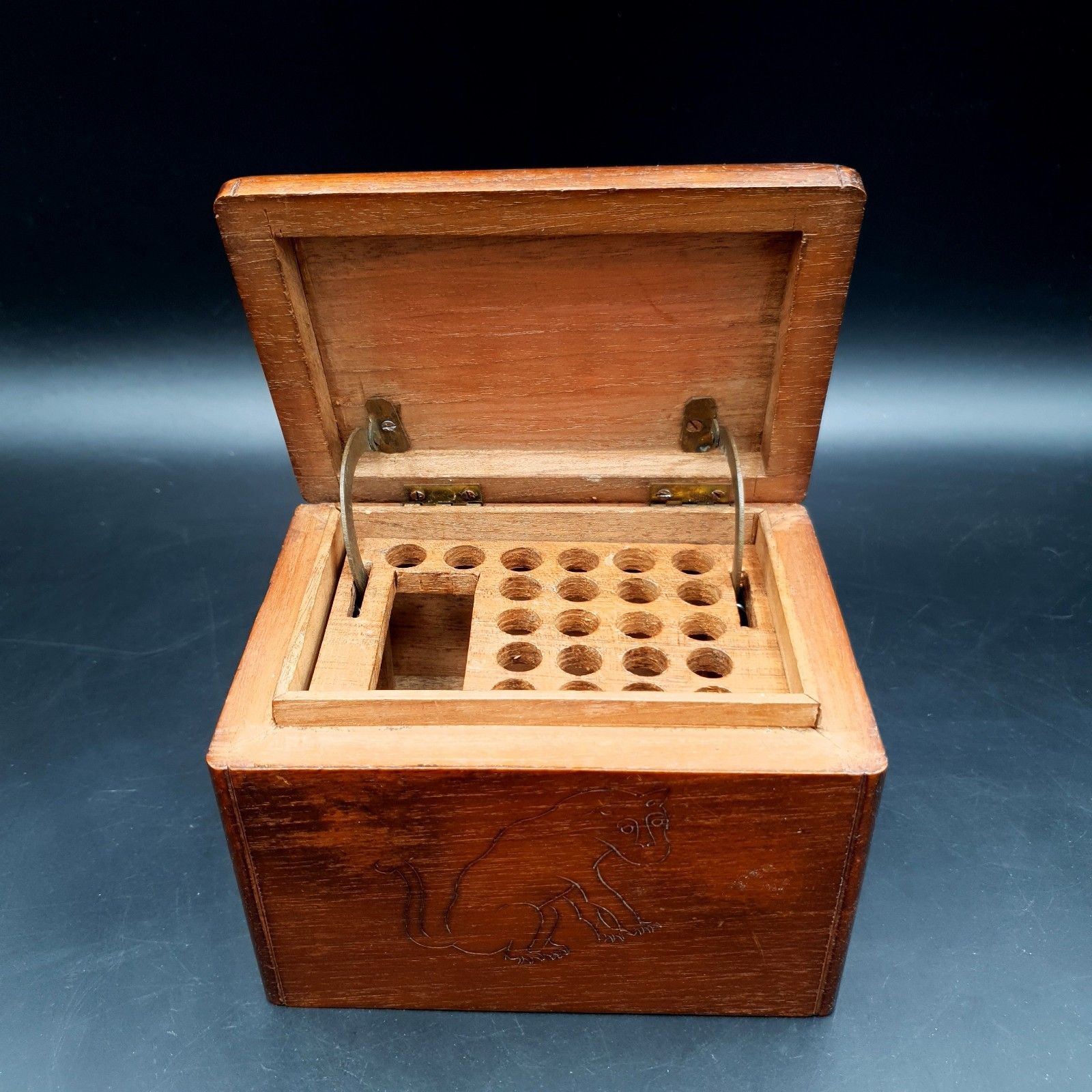 Antique Apothecary Box Rising Tray Vial Holder Carved Monkey Wood Case photo furniture