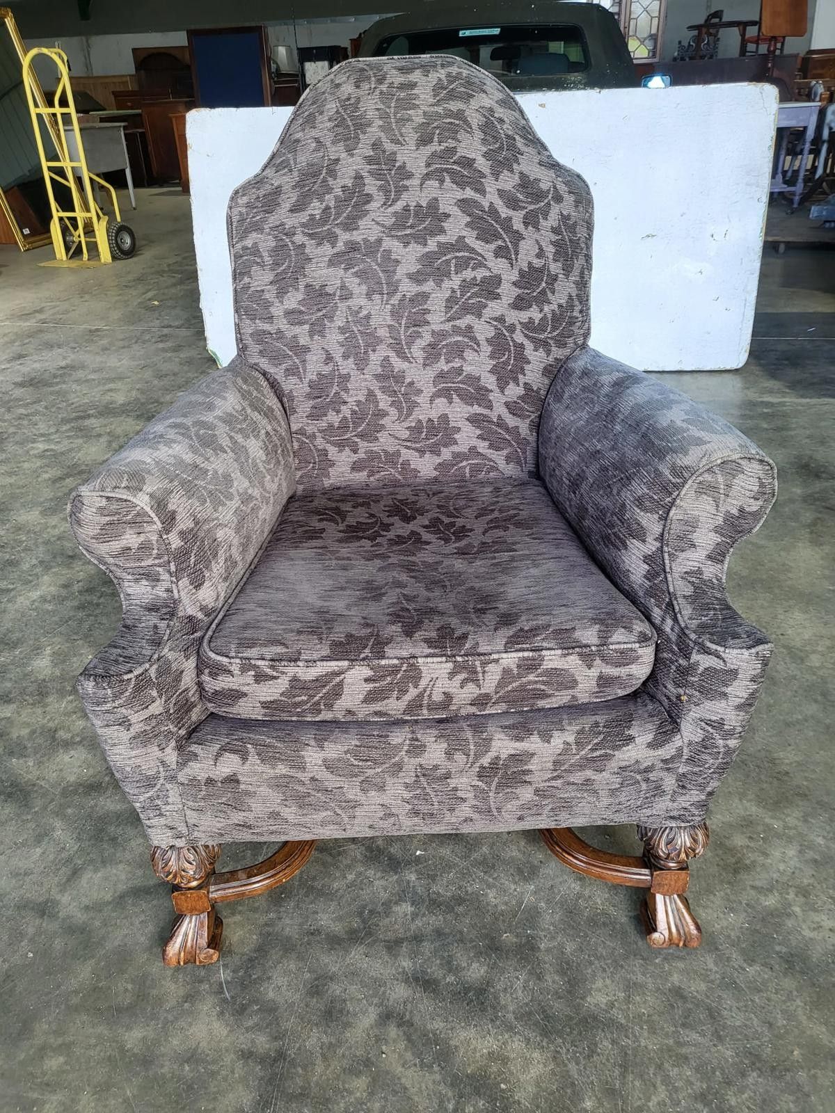 Antique Repro? High Back Arm Chair Oak Legs Scroll Arms photo furniture